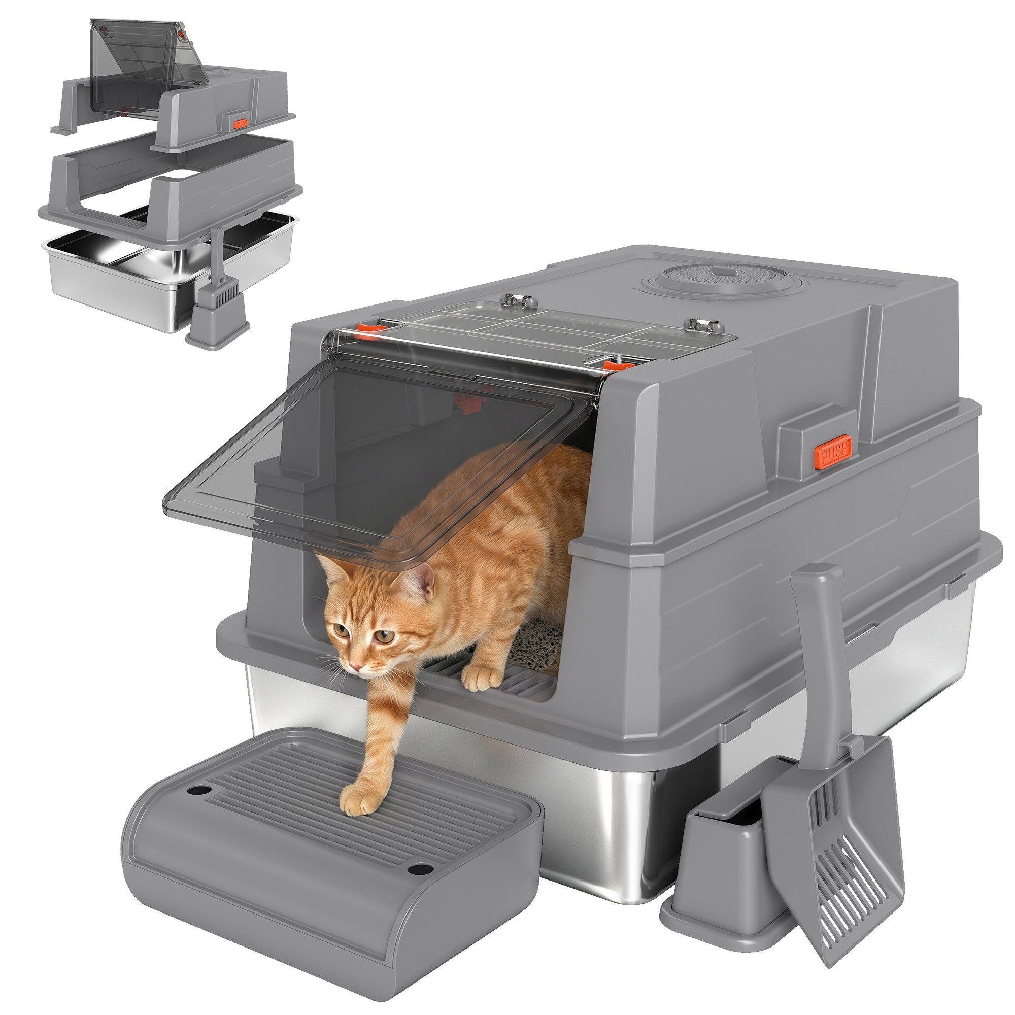 PawHut Katzentoilette 130L XXL Katzenklo mit 180° Klappdeckel Hohen Seitenwänden Schaufel, aus Edelstahl für 3 Katzen mit jeweils bis 10 kg 70 x 50 x 43 cm Grau