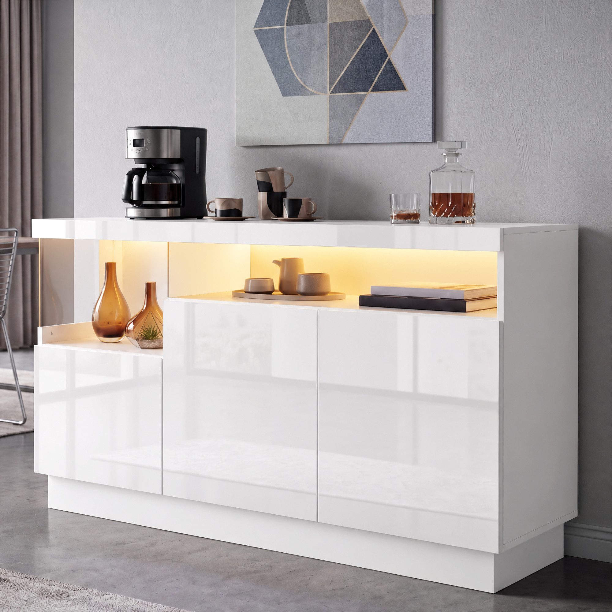 Merax Sideboard hochglanz Wohnzimmerschrank mit LED inkl. APP Steuerung (1 St., Aufbewahrungsschrank Anrichte Buffetschrank), Kommode mit 3 Türen, Acryl Displayfach & Stauraum, 140x36x80cm