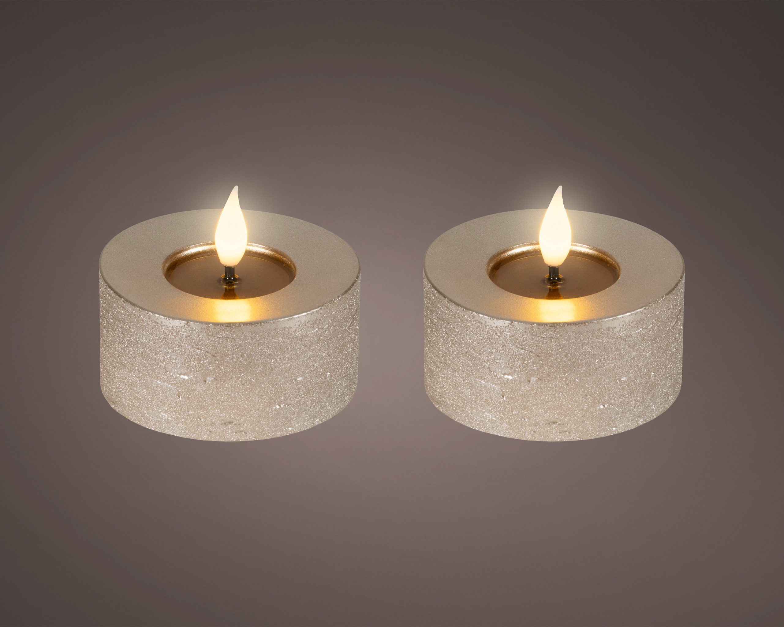 Lumineo LED-Kerze, Timer, warmweiß, LED Kerzen 6x7,5cm mit Timer Wachs 2 Stück - Flacker-Effekt Hellgrau