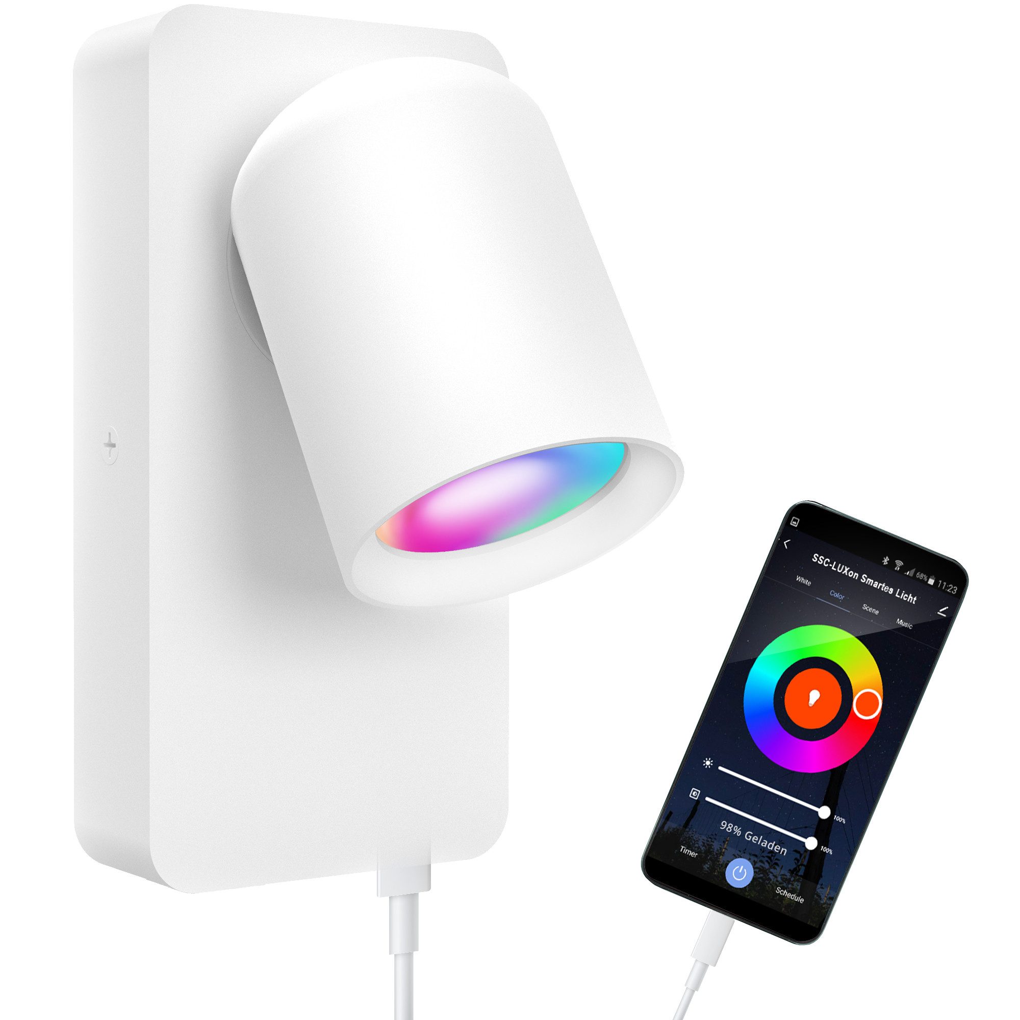 SSC-LUXon LED Wandleuchte NERU Nachttischlampe weiß Smarte GU10 LED, USB & Schalter, RGB & Weißtöne
