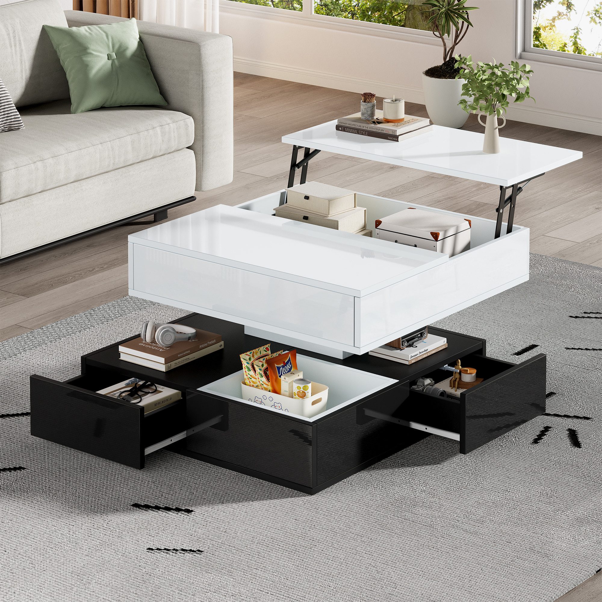 Merax Couchtisch hochglanz Sofatisch mit 360° drehbarer & anhebbarer Tischplatte (Beistelltisch, 90x90x55 cm, 1-St), Wohnzimmertisch mit 3 Schubladen, offenem Stauraum & verstecktem Fach