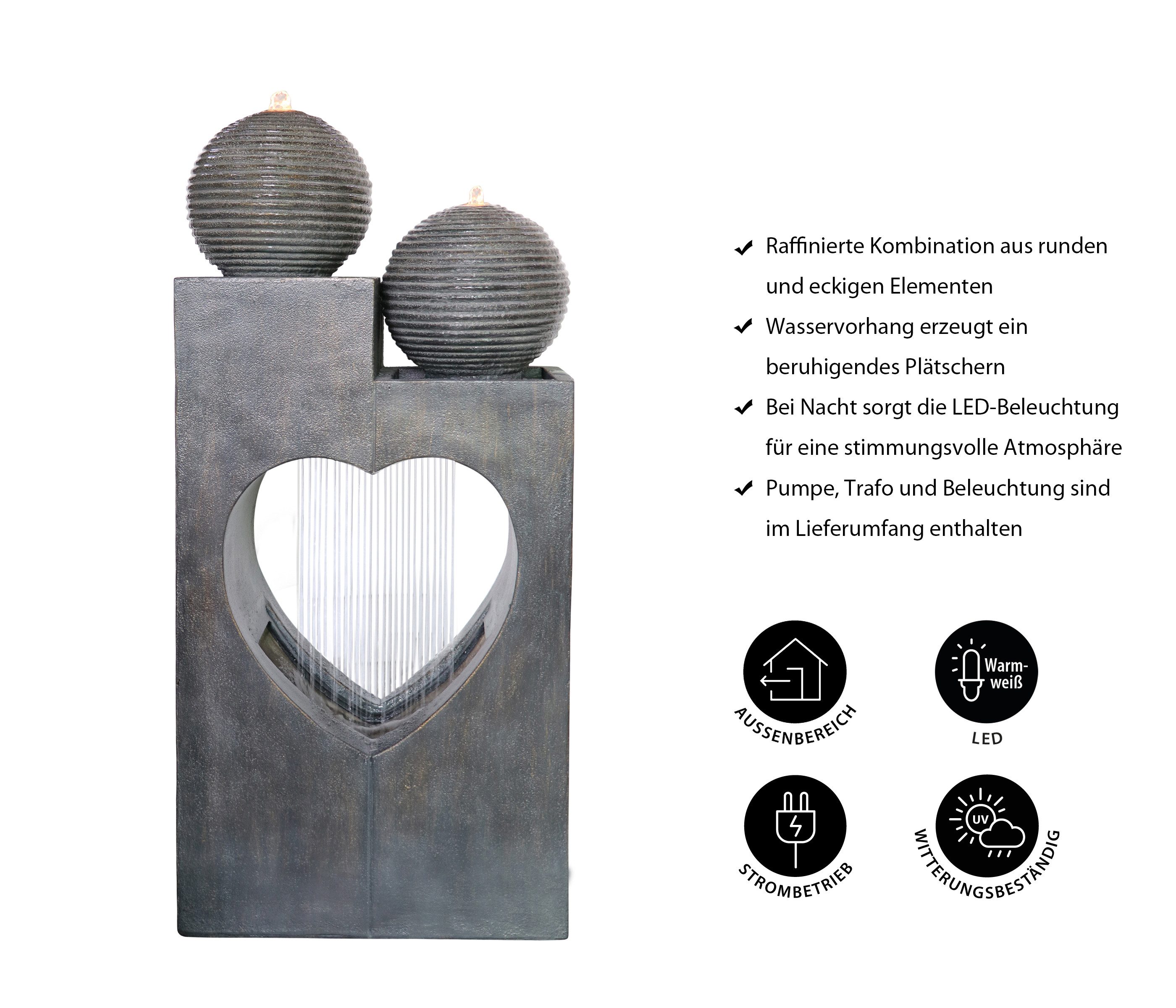 Dehner Gartenbrunnen Amor, mit warmweißer LED-Beleuchtung, 46.5 x 99 x 23.5 cm, Polyresin, romantischer Outdoor-Brunnen im Komplettset inkl. Pumpe und Trafo