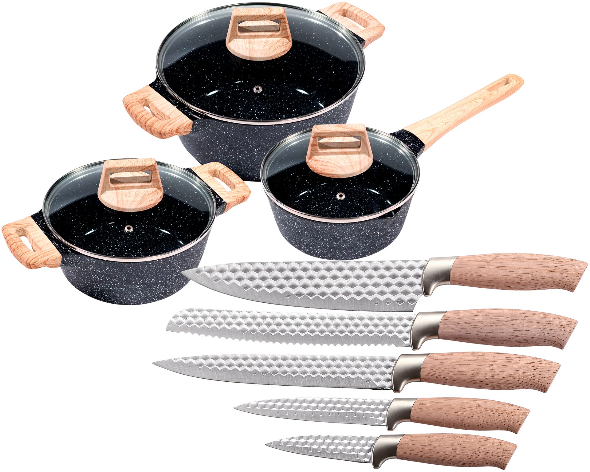 KING Topf-Set »ESSENTIAL« Aluminiumguss, Induktion, Antihaftbeschichtung, Aluminiumguss (Set, 11-tlg., 2 Töpfe, 1 Stieltopf, 3 Glasdeckel), inkl. 5 Küchenmesser