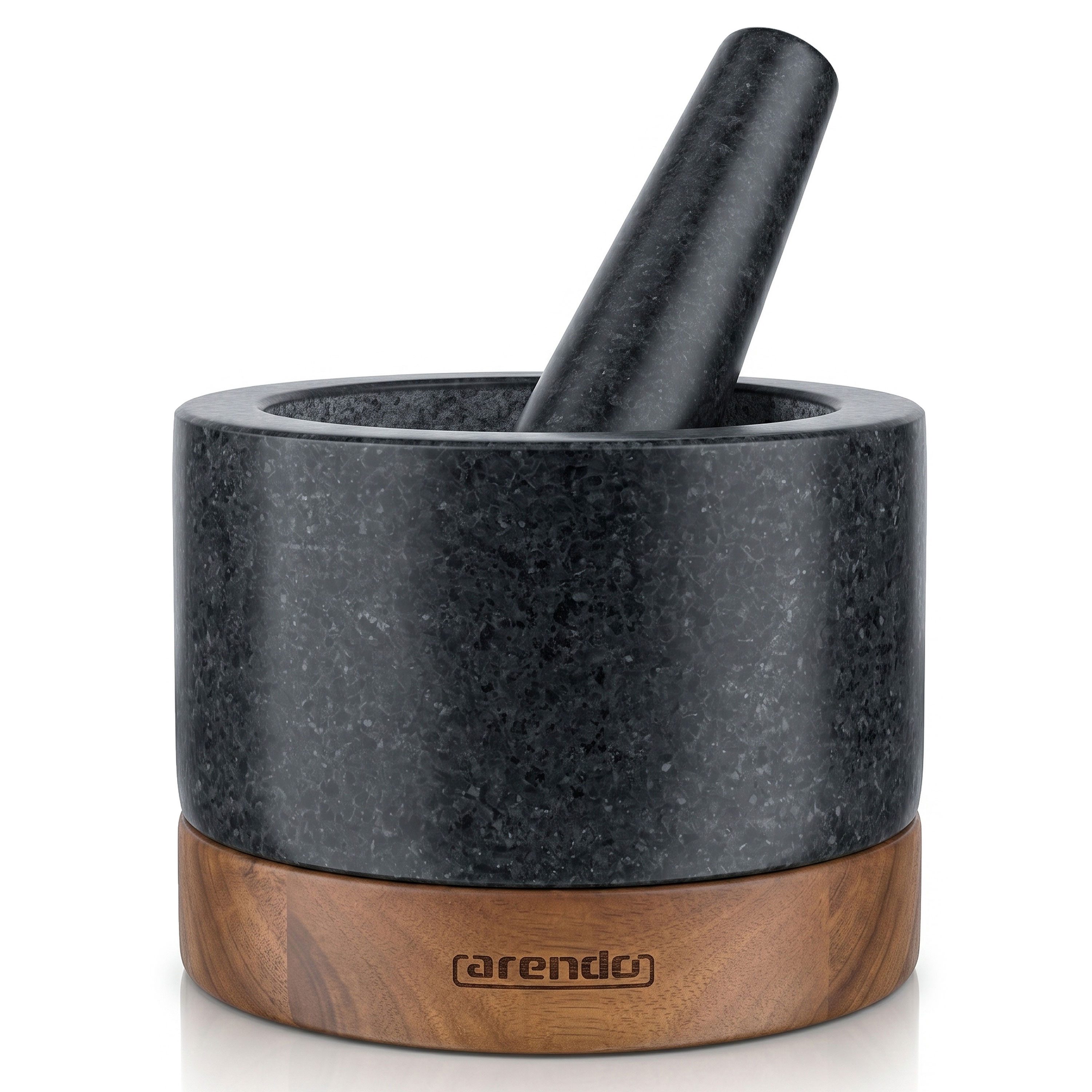 Arendo Mörser mit Stößel aus Granit, poliert, Ø 14 cm, mit Holzbasis aus Akazie, massiv & standfest, für Kräuter, Gewürze und Samen