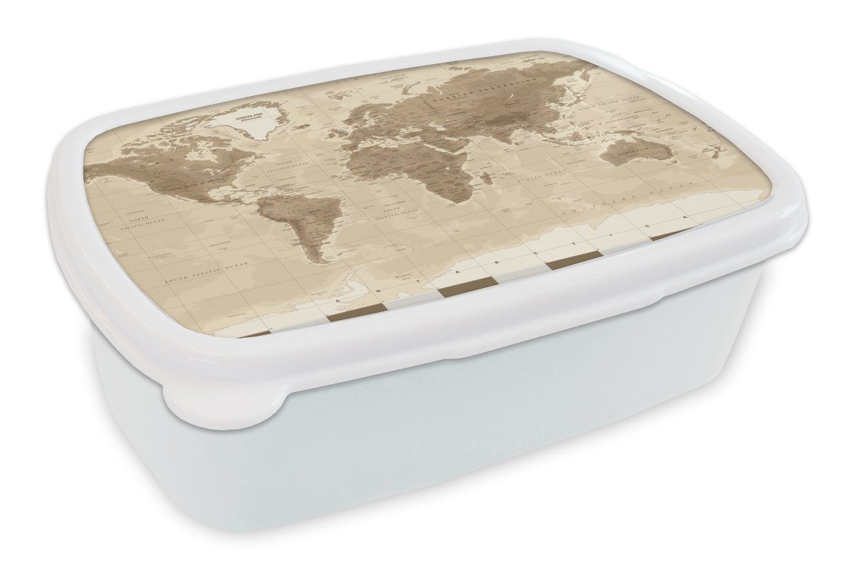 MuchoWow Lunchbox Weltkarte - Vintage - Braun, Kunststoff, (2-tlg), Brotbox für Kinder und Erwachsene, Brotdose, für Jungs und Mädchen weiß