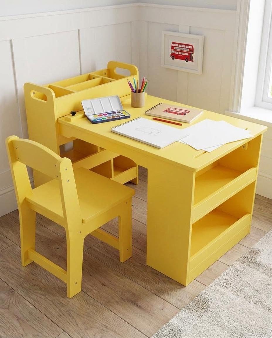 GarveeMore Kinderschreibtisch Zeichentisch für Kinder mit Papierrollenhalter & Aufbewahrungsschrank, Basteltisch Malen & Basteln Kindermöbel Set, MDF