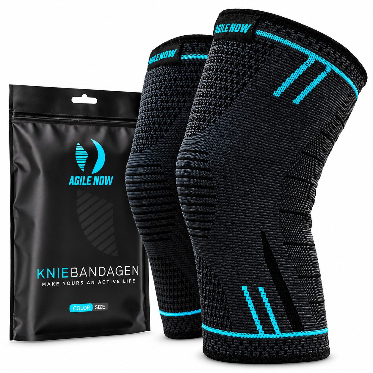 AGILE NOW Kniebandage Hochwertige Kniebandage Herren & Damen (Paar) (Elastische Kniestütze für Sport & Fitness, Knie Bandage Paar, Blau XXL), Atmungsaktiv & Rutschfest, Kniebandagen (Paar)