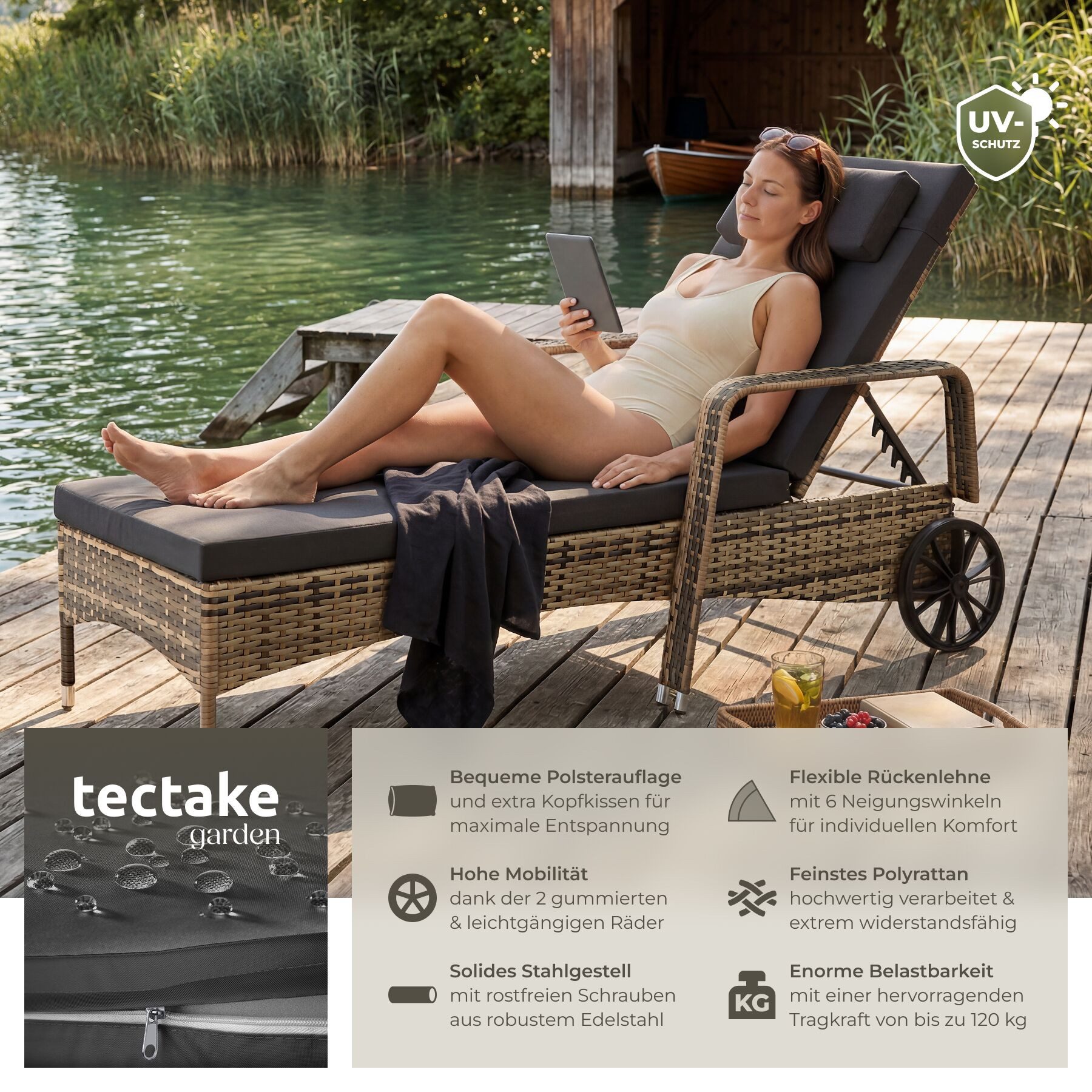 tectake Gartenliege Rattan Sonnenliege mit Rädern, abnehmbares Kopfkissen, 200 x 70 x, Liegestuhl, 1 St., in natur/dunkelgrau, widerstandsfähig, UV-beständig, 6-fach verstellbare Rückenlehne