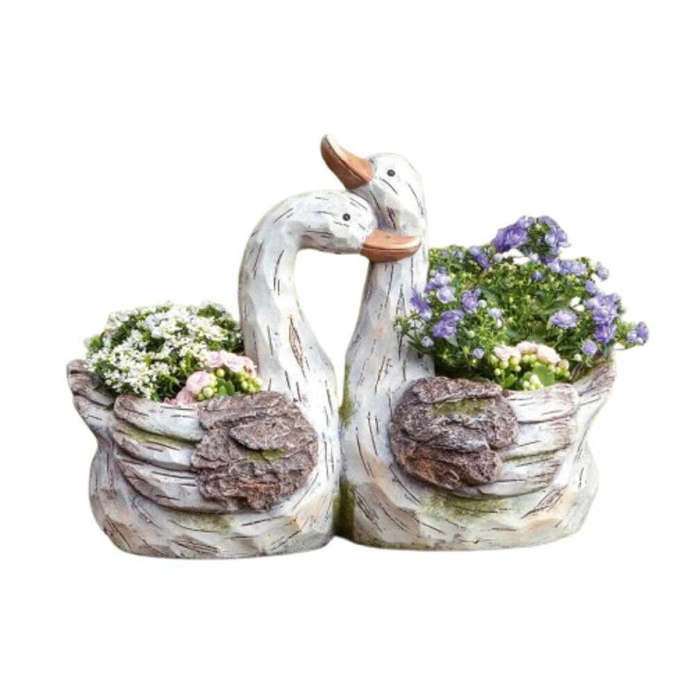 Pflanzkübel Pflanzer Gänse Vogel Holzoptik Dekofigur Gartendeko Deko Fiberglas