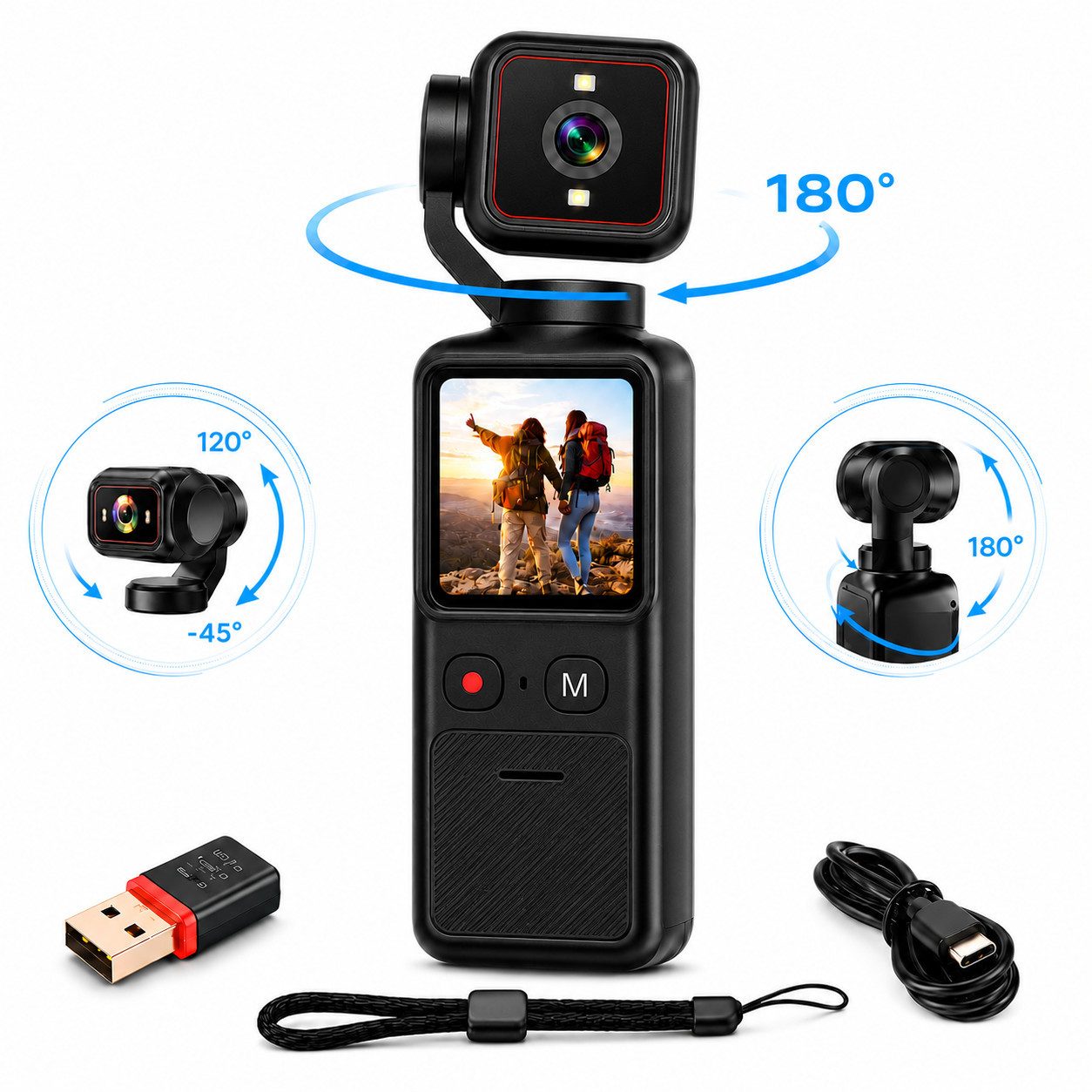 Fyrove 4K Action Cam mit 180°-Drehobjektiv, 1,69-Zoll-Touchscreen, WLAN Panoramakamera (integriertes Gimbal-Objektiv, kein weiteres Objektiv, 12 MP, 1x opt. Zoom, WLAN IEEE 802.11 b/g/n, inkl. Taschenkamera, Ladekabel, Handbuch, Eingebauter Gimbal, WLAN-Verbindung, Touchscreen, 4K-Videoaufnahme)