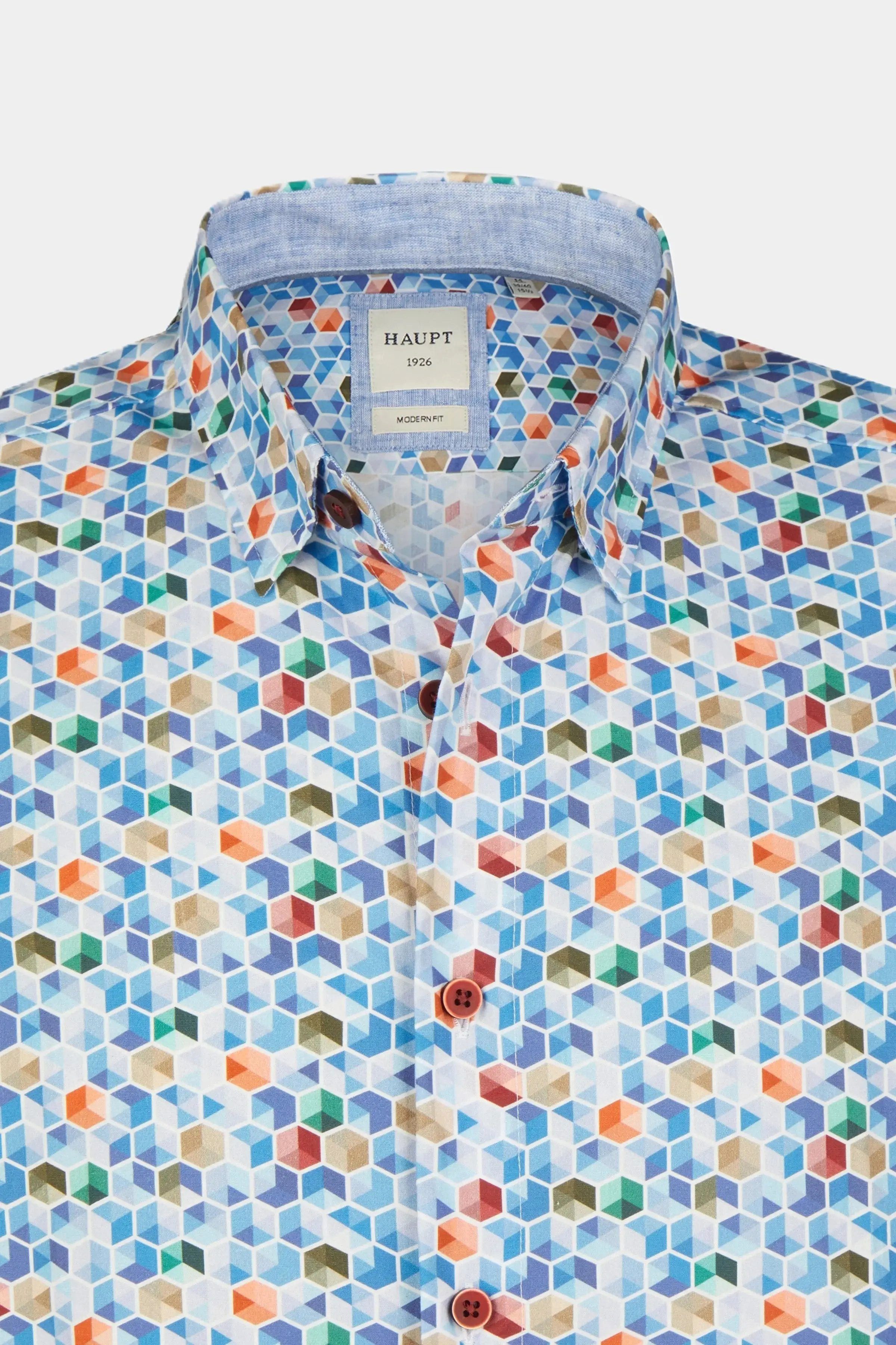 Haupt Kurzarmhemd Modern Fit Kurzarm Baumwoll-Herrenhemd Quadrate True Blue Style Sommer