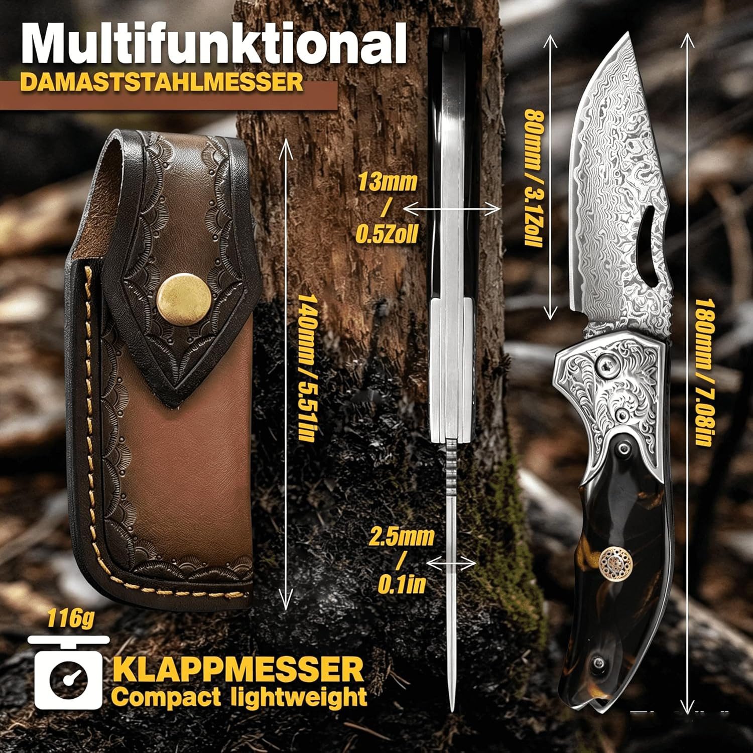 KingLux Damastmesser Damast Taschen Klappmesser Outdoor Messer Jagdmesser mit Lederscheide