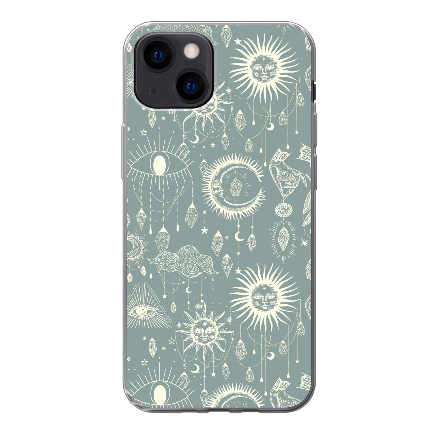 MuchoWow Handyhülle für Apple iPhone 13 mini Boho - Druck - Blau - Sonne - Augen - Zen, Smartphone-Bumper, Print, Handy Schutzhülle Dünn