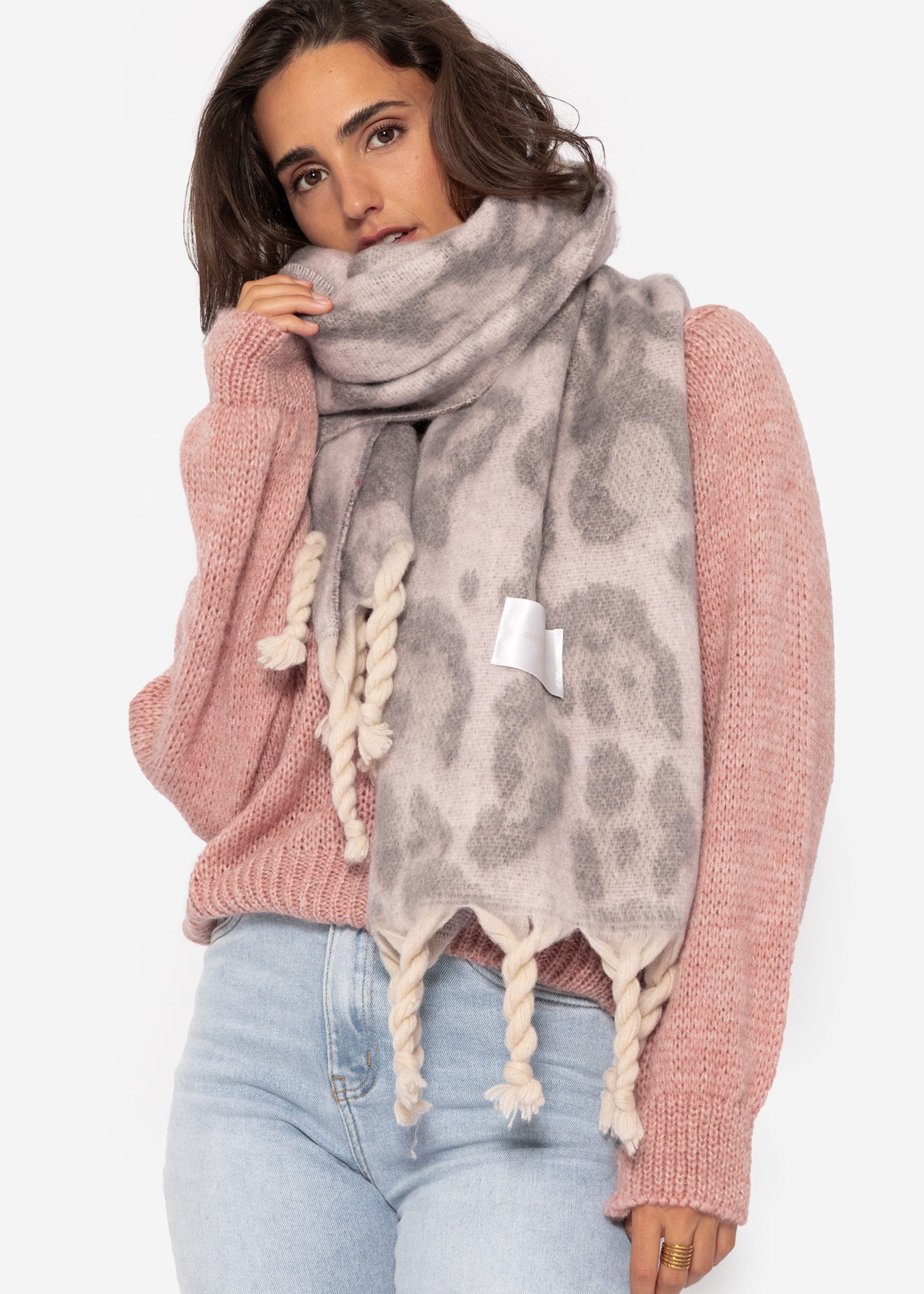 SASSYCLASSY Schal Schal Damen mit Leo-Print elegant, Warmer langer Schal im Leoprint Grau Offwhite Burgundy Braun Camel
