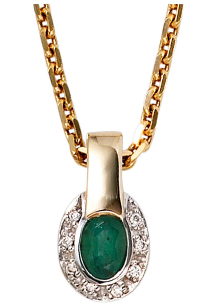 JOBO Kettenanhänger Kleiner Anhänger oval, 585 Gold mit Smaragd und 8 Diamanten