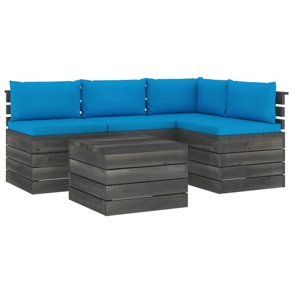 vidaXL Gartenlounge-Set 5-tlg. aus Kiefernholz, mit Paletten Garten-Sofagarnitur Kissen Hellblau (5-tlg)