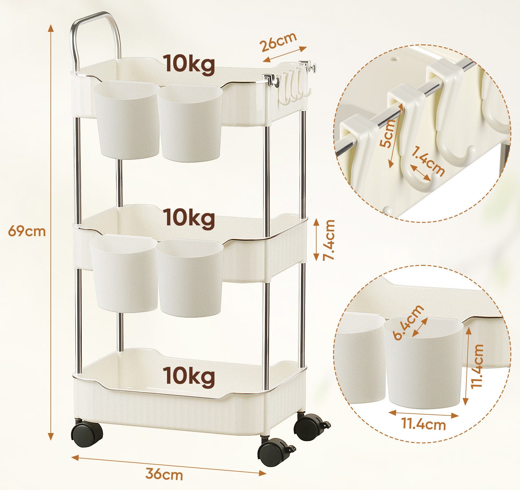 ElitVita Beistellwagen Küchenwagen mit Rolle, 3 Ebenen, mit Hängebecherhalt günstig online kaufen