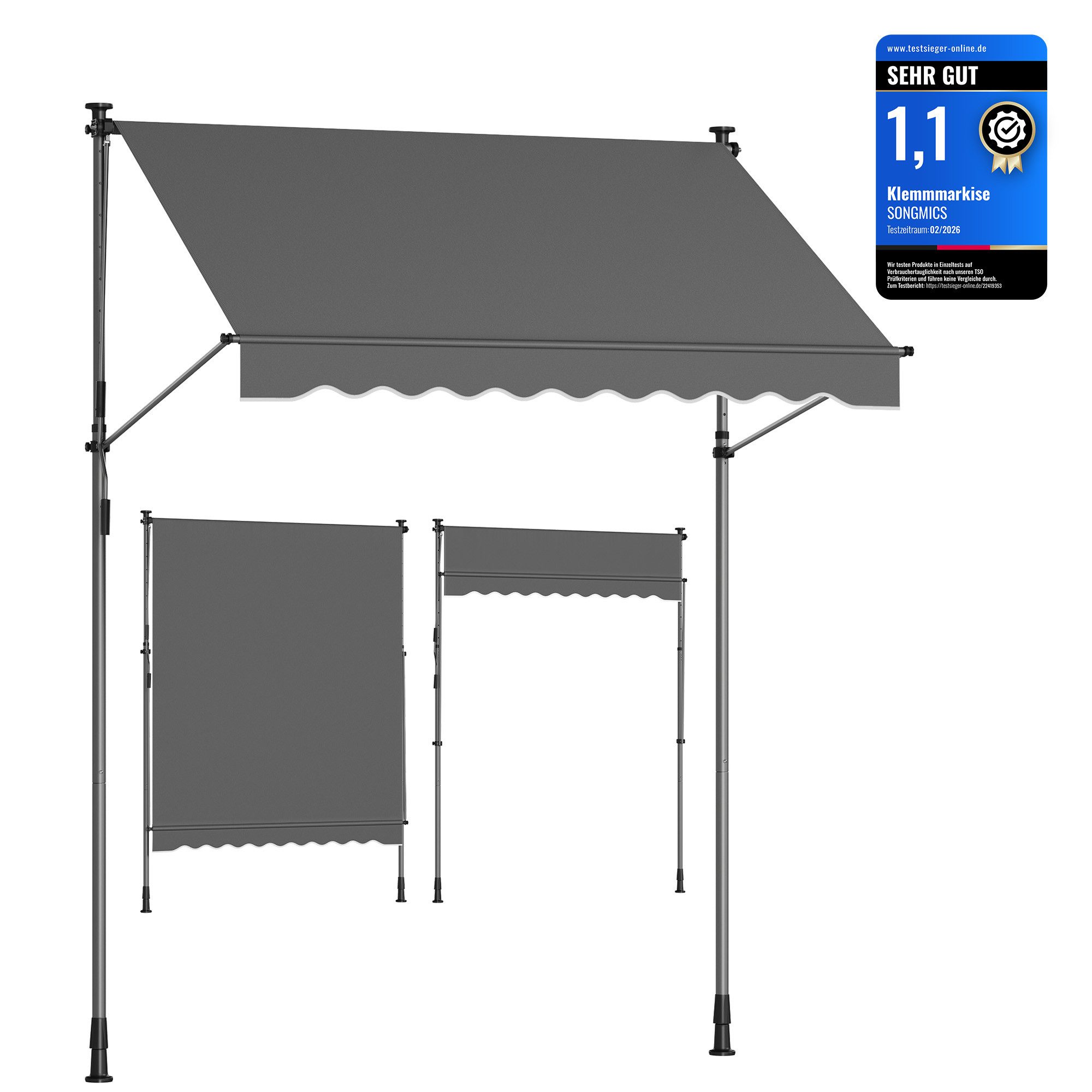 SONGMICS Klemmmarkise Balkonmarkise, höhenverstellbar, mit Handkurbel Sonnenschutz, 200 x 120 x 220–300 cm (L x B x H)