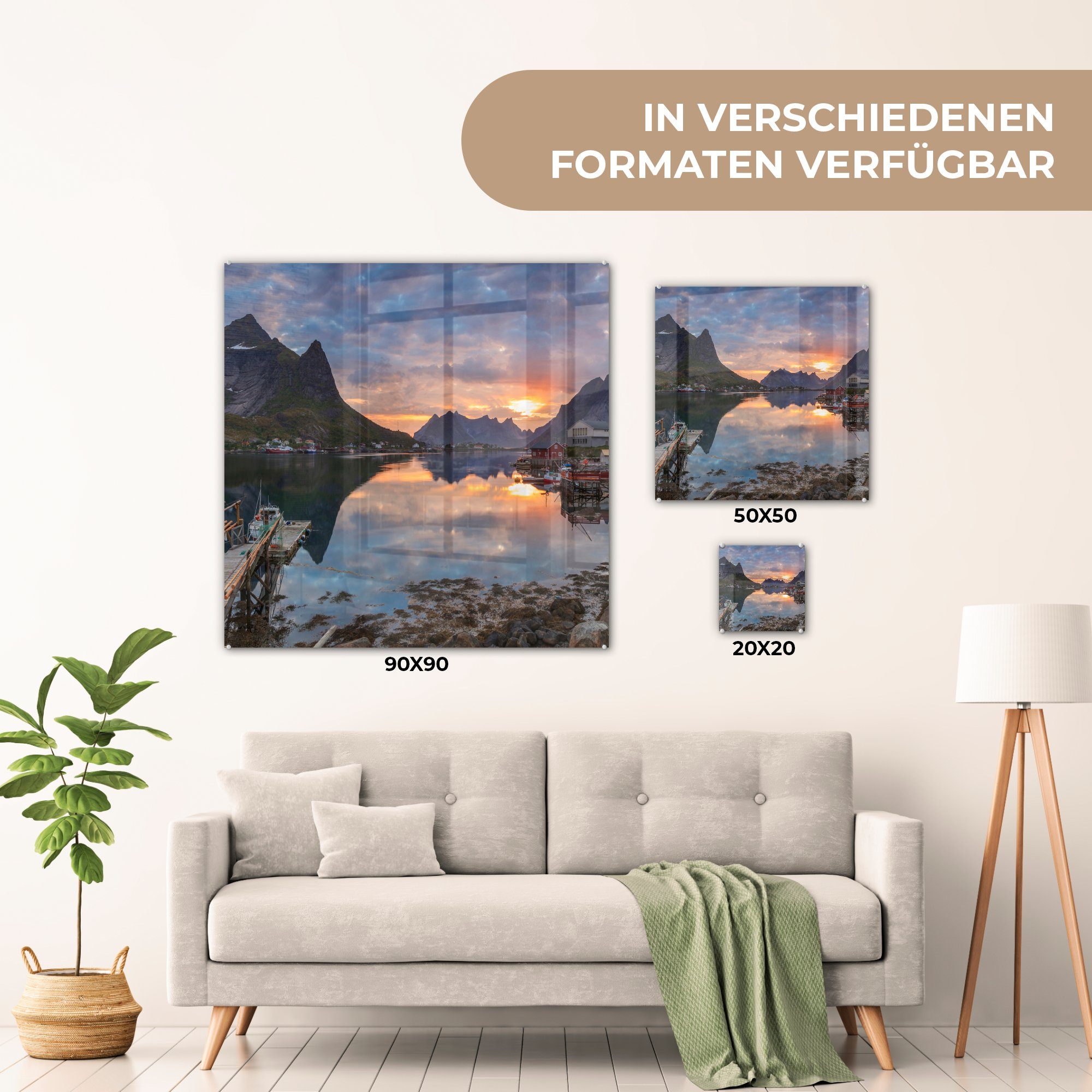 einem See auf St), - Glas Foto Bilder an Lofoten, (1 den Sonnenuntergang - Wanddekoration Glas Glasbilder Acrylglasbild Wandbild auf MuchoWow auf -