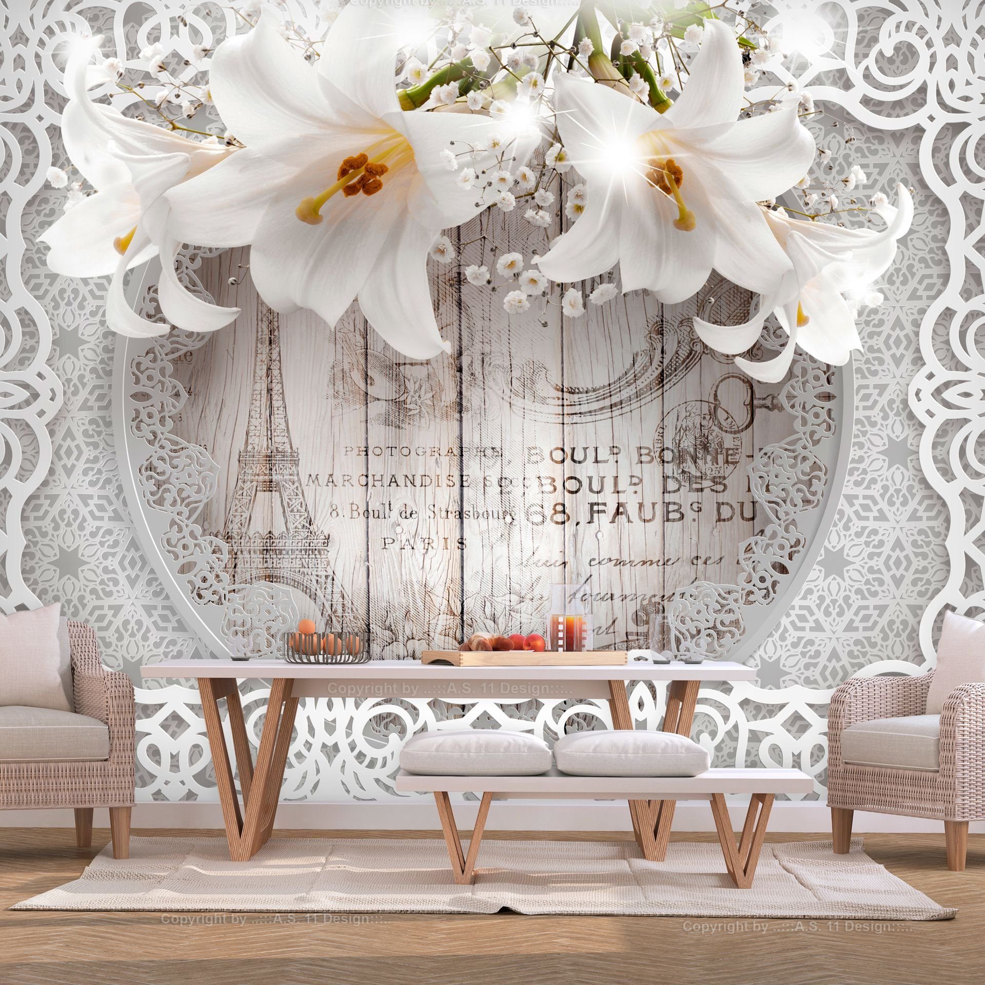 KUNSTLOFT Vliestapete Lilies and Wooden Background 0.98x0.7 m, halb-matt, matt, lichtbeständige Design Tapete