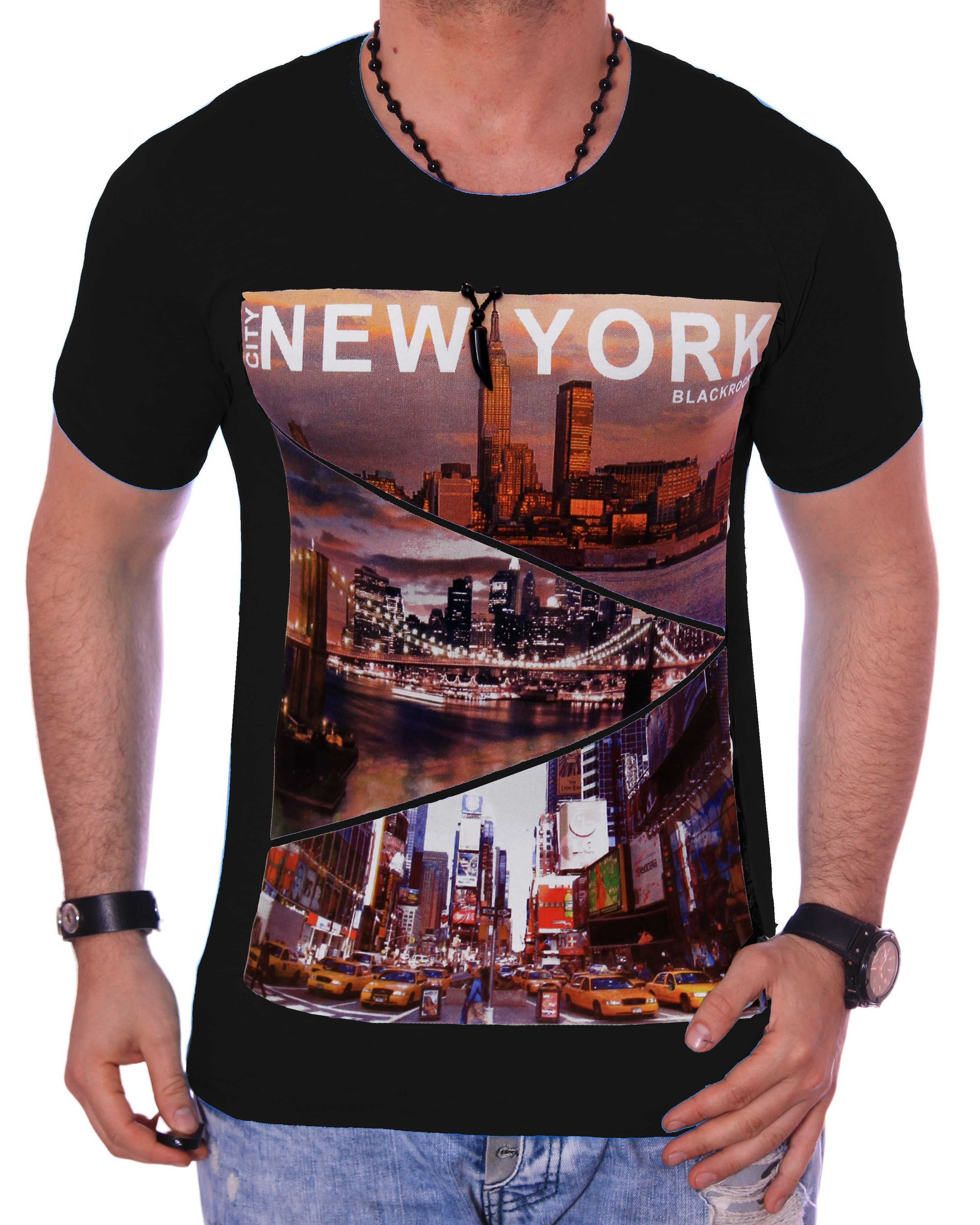 T-Shirt Slim-Fit T-Shirt Urlaub Herren York Print New Amerika USA BLACKROCK Rundhals Shirt kurzarm bedruckt Schwarz