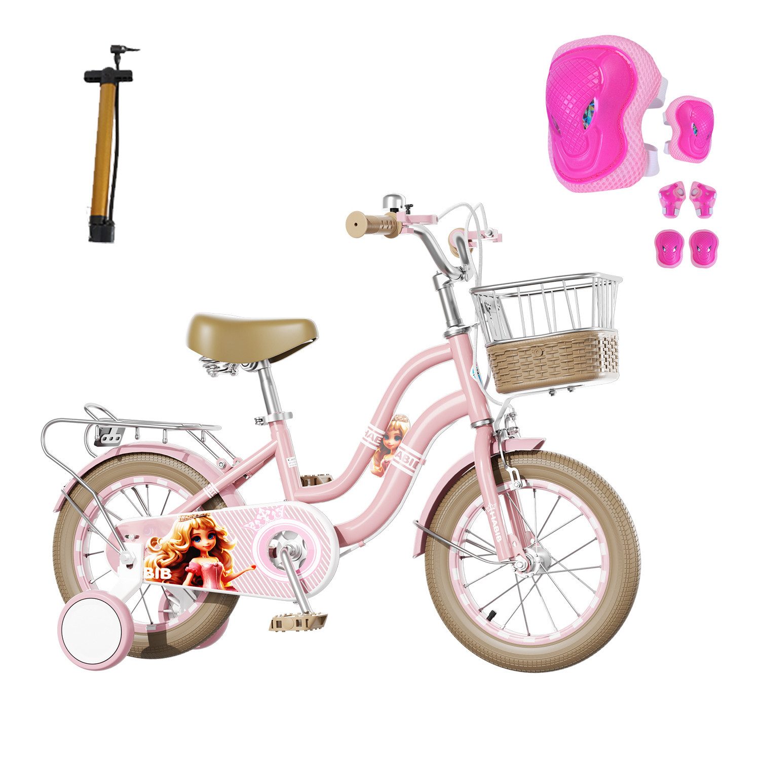 Habib Gruppe Kinderfahrrad Mädchenfahrrad 6-teiligem Schutz-Set & Duales Bremssystem 3-8 Jahre