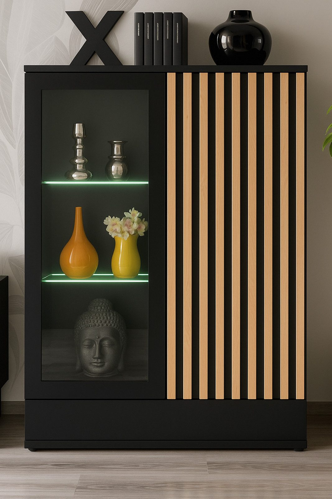 Furn.Design Vitrine Morgan (Hohe Kommode in Schwarz mit Eiche Lamellen, 80 günstig online kaufen