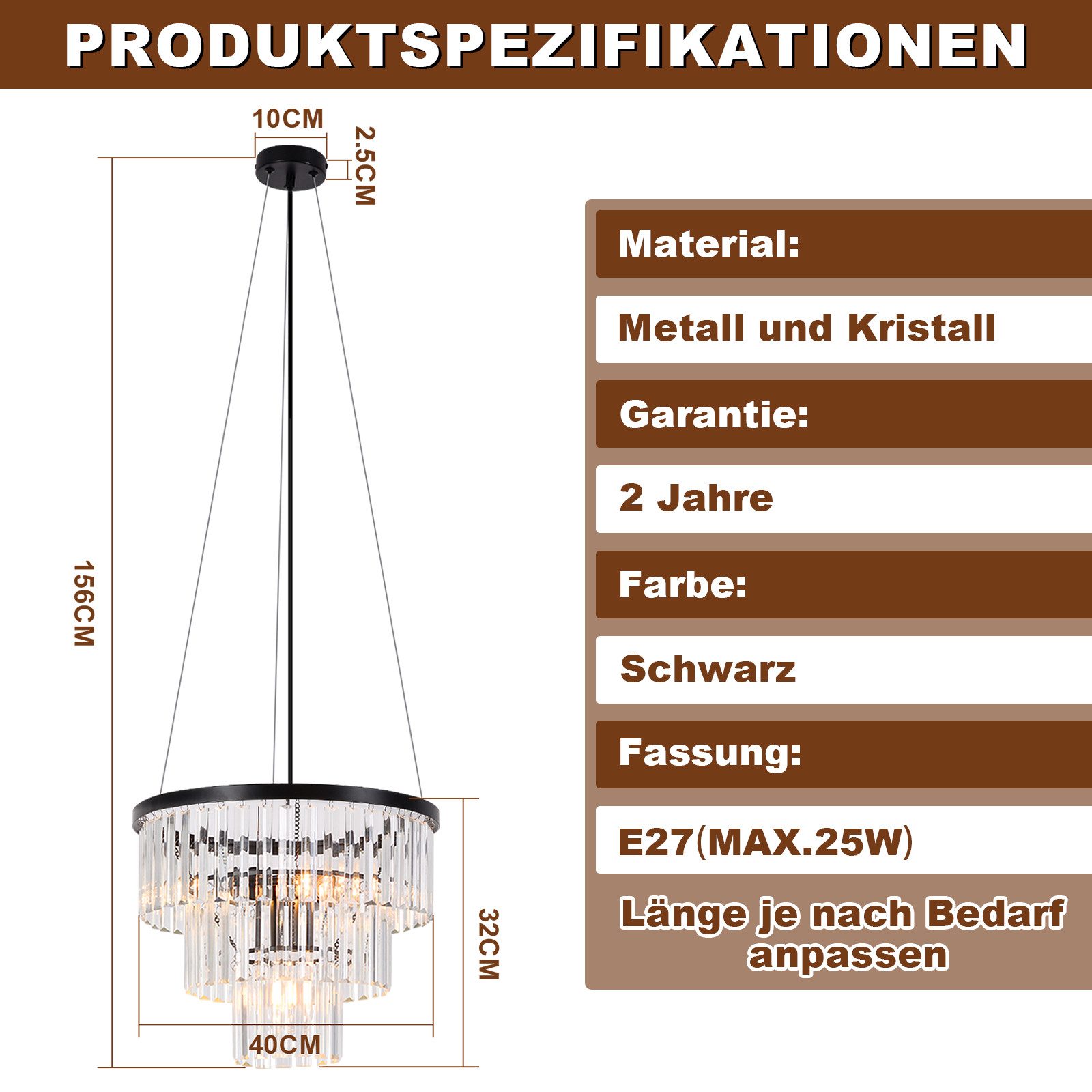 ZMH Pendelleuchte Esszimmer E27 Kristall Design Hängelampe für Wohnzimmer Küche, Hochwertige Design, ohne Leuchtmittel, Schwarz Hängend Schlafzimmerlampe MAX.25W