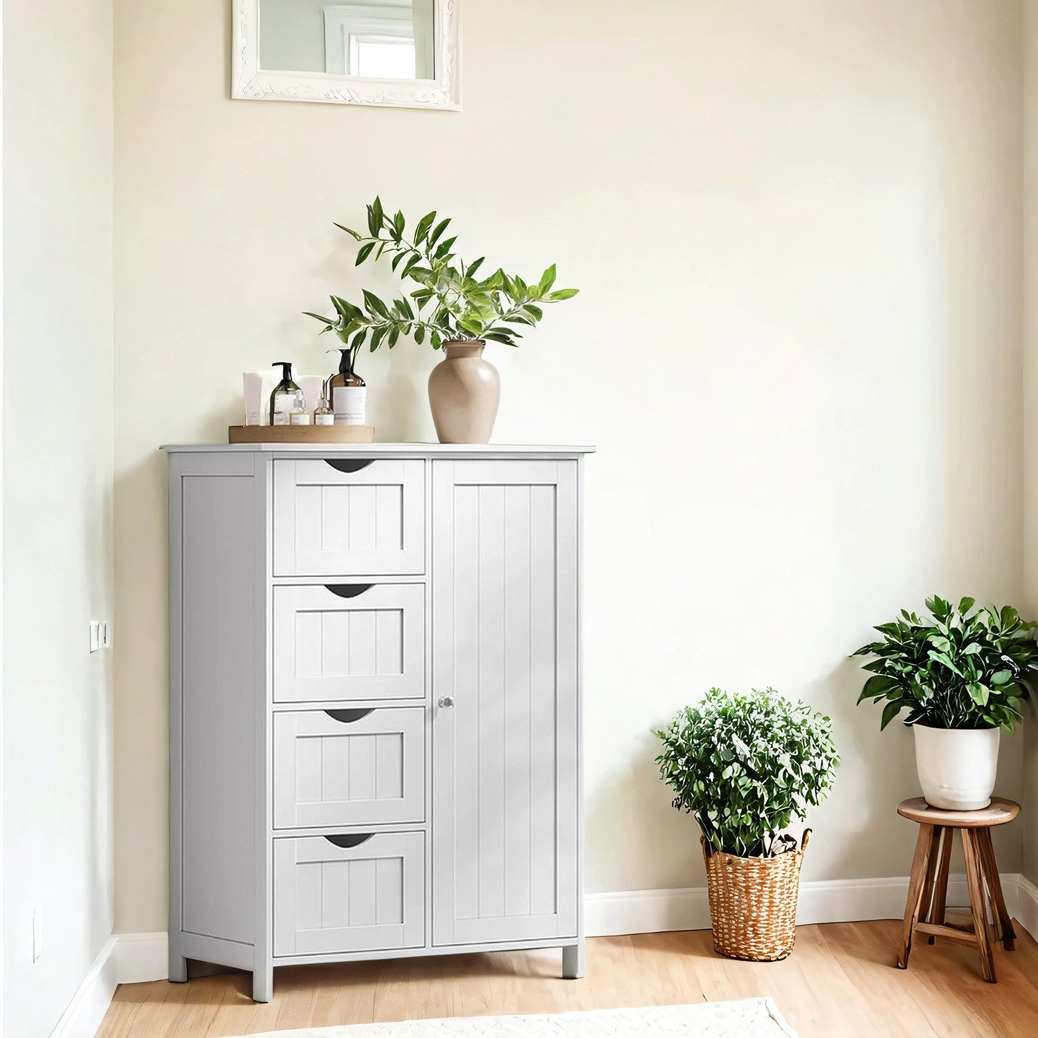 VASAGLE Badmöbel-Set Badezimmerschrank Badschrank Beistellschrank,verstellbare Ablage, mit 4 Schubladen, Schranktür, 35 x 65 x 90 cm, Kommode – Bild 4 von 5