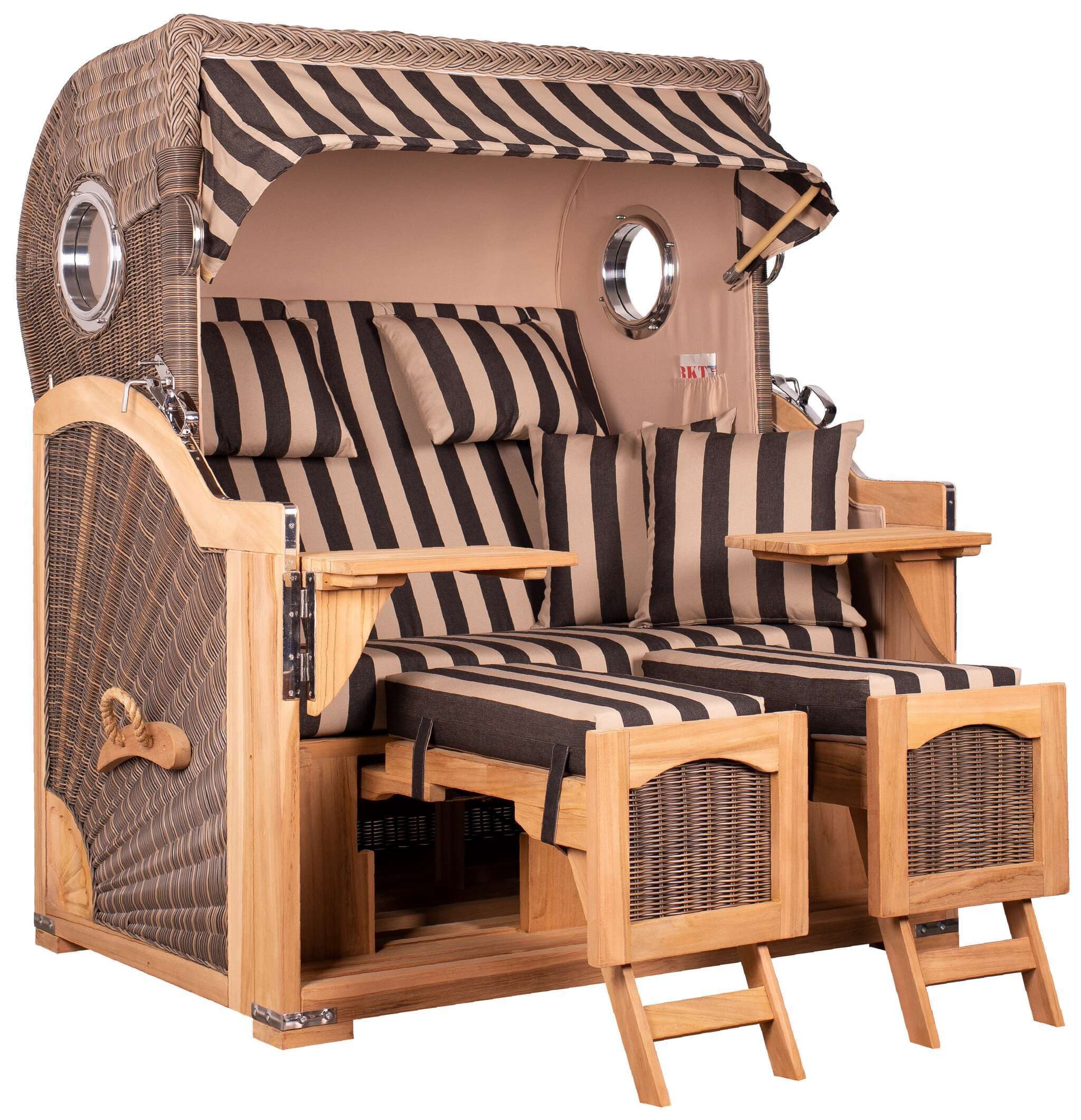 MR.DEKO Strandkorb Düne Grande, mit Bullauge Teak PE Grey, BxTxH: 142x95x170 cm, Volllieger, Düne, (Fertig montierter Strandkorb für Garten, Terrasse & Balkon), Wetterfester Volllieger mit Edelstahlbeschlägen & waschbaren Polstern