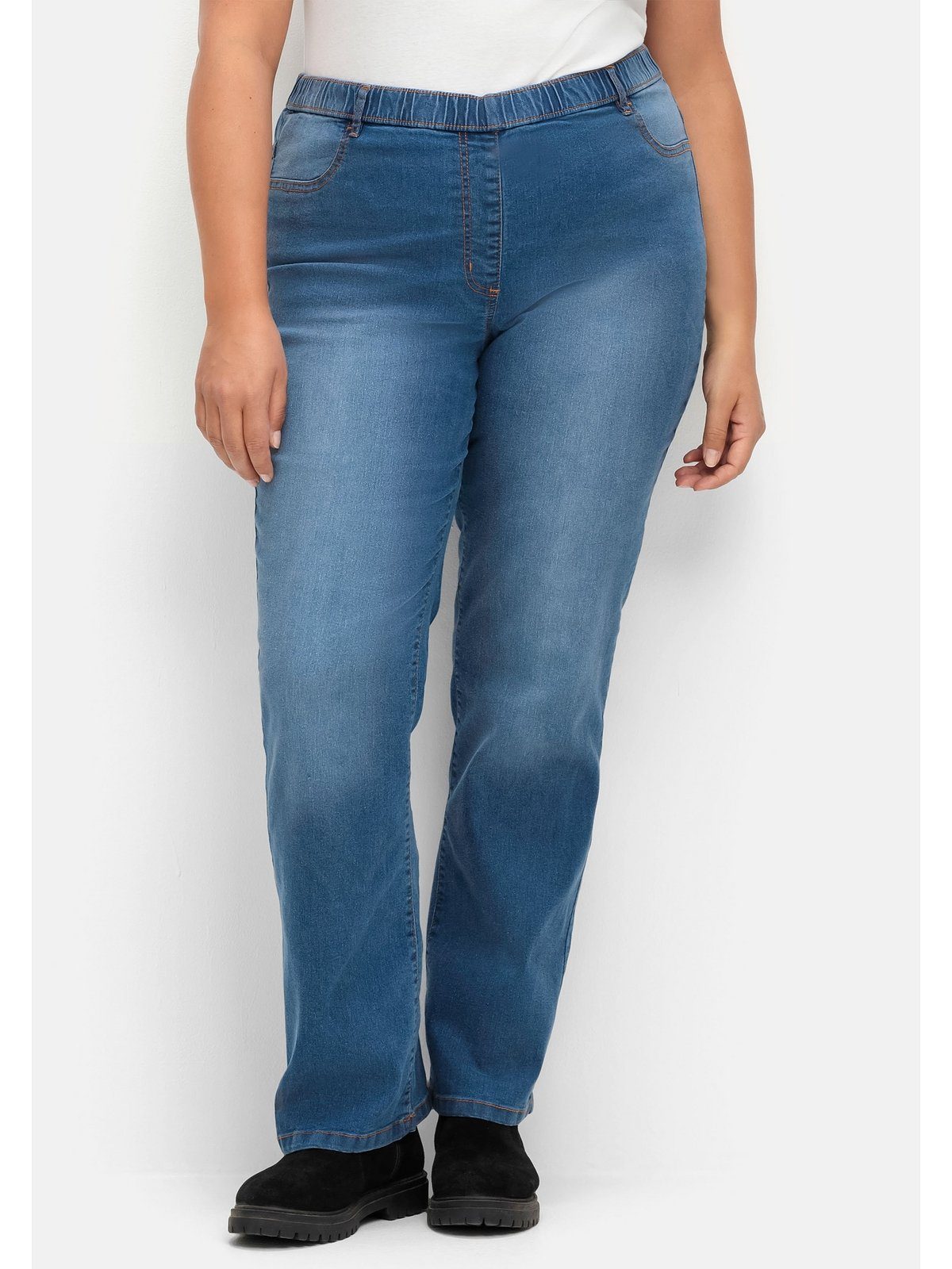 Größen Bootcut-Jeans Sheego Denim Große Used-Effekten dark mit und Komfortbund blue