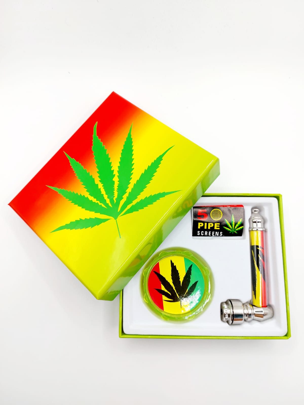 meytrade Grinder Pfeife und Sieb als Geschenkset in einer Box mit Hanfblatt
