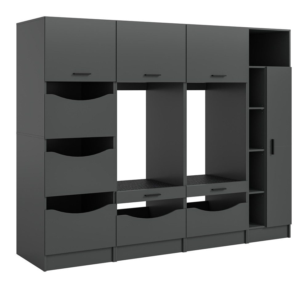 Furnhaus Badmöbel-Set Waschmaschinenumbauschrank Aufsatzschrank 4-teilig, Anthrazit, (Waschbereich Möbelkombination für moderne Haushaltsräume, 4-St., Schrankkombination mit Hängeelementen und offenen Ablagen), Hauswirtschaftsschrank mit Regalen & Schubladen