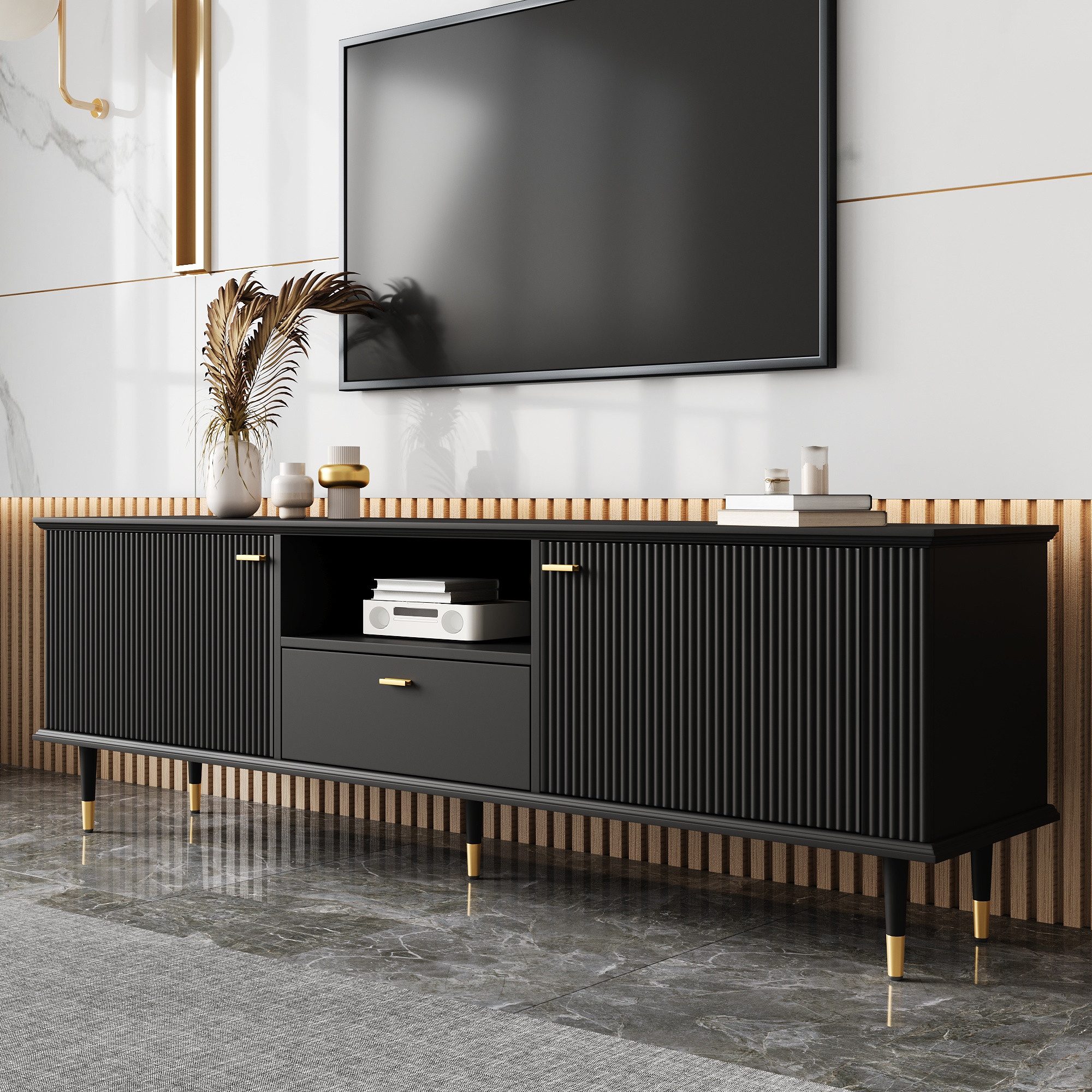 Merax Lowboard mit Soft-Close-Funktion, Hochglanz Fernsehschrank Sideboard (1 St), TV-Schrank mit 2 Türen, Schublade & offenen Fächern, 170x36x54cm