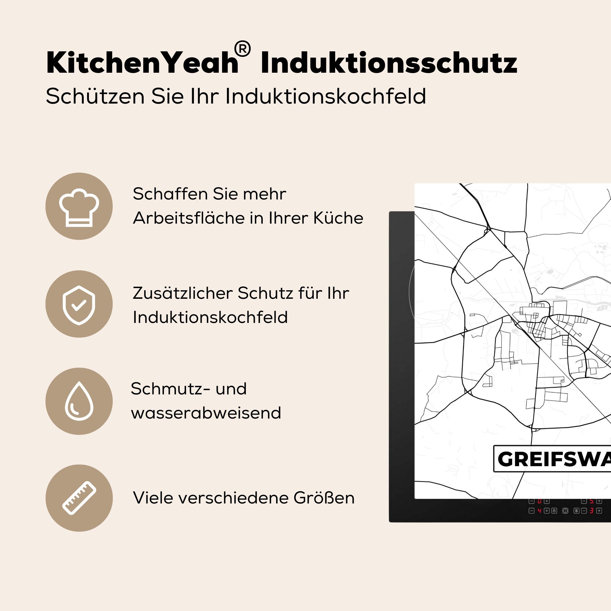 - - 78x78 Greifswald Karte Arbeitsplatte küche cm, Ceranfeldabdeckung, MuchoWow Vinyl, für (1 Stadtplan, tlg), Herdblende-/Abdeckplatte