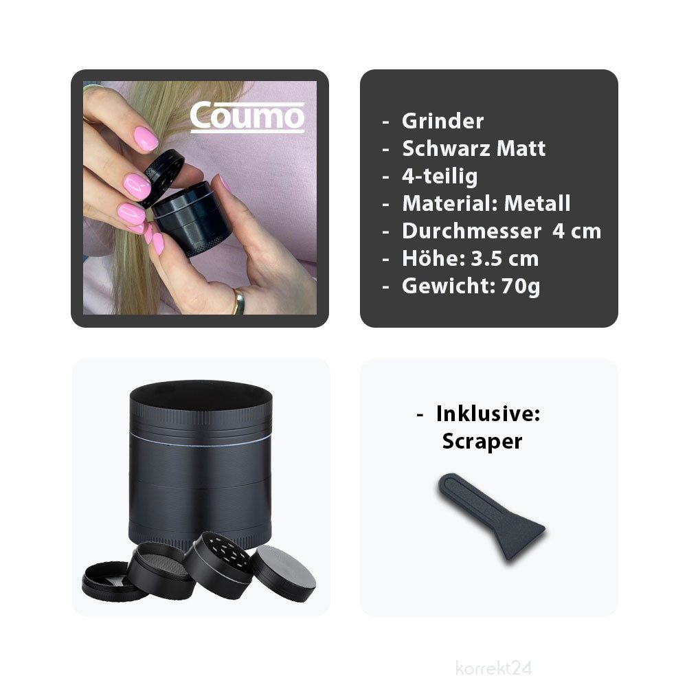 Coumo Kräutermühle Grinder Crusher, Schwarz, ⌀ 4cm, Metall Kräutermühle