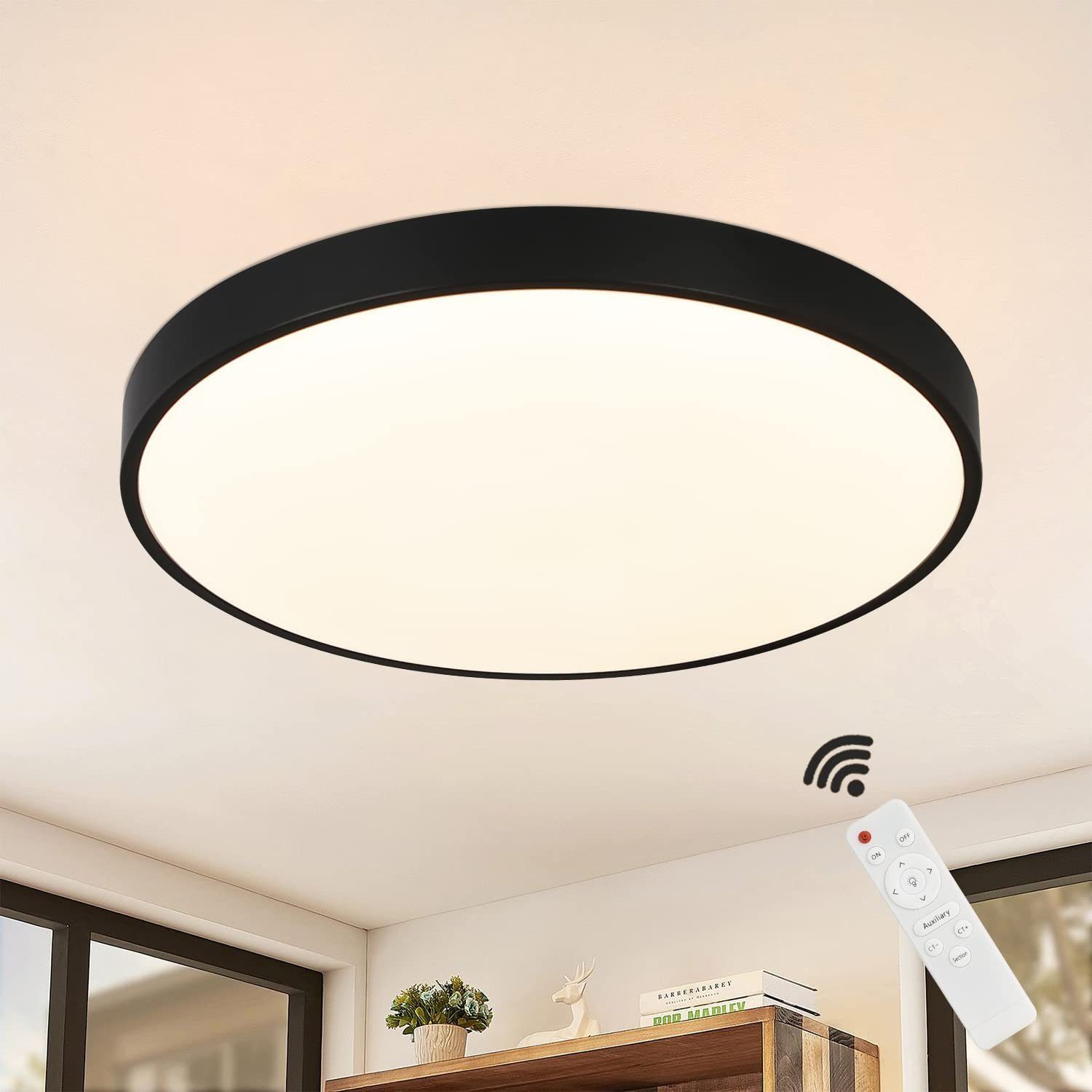ZMH LED Deckenleuchte Modern Dimmbar, Küchenlampe, Rund schwarz LED Wasserdicht, fest IP44 3000-6500K, Wasserdicht Flach 30w, integriert, weiß