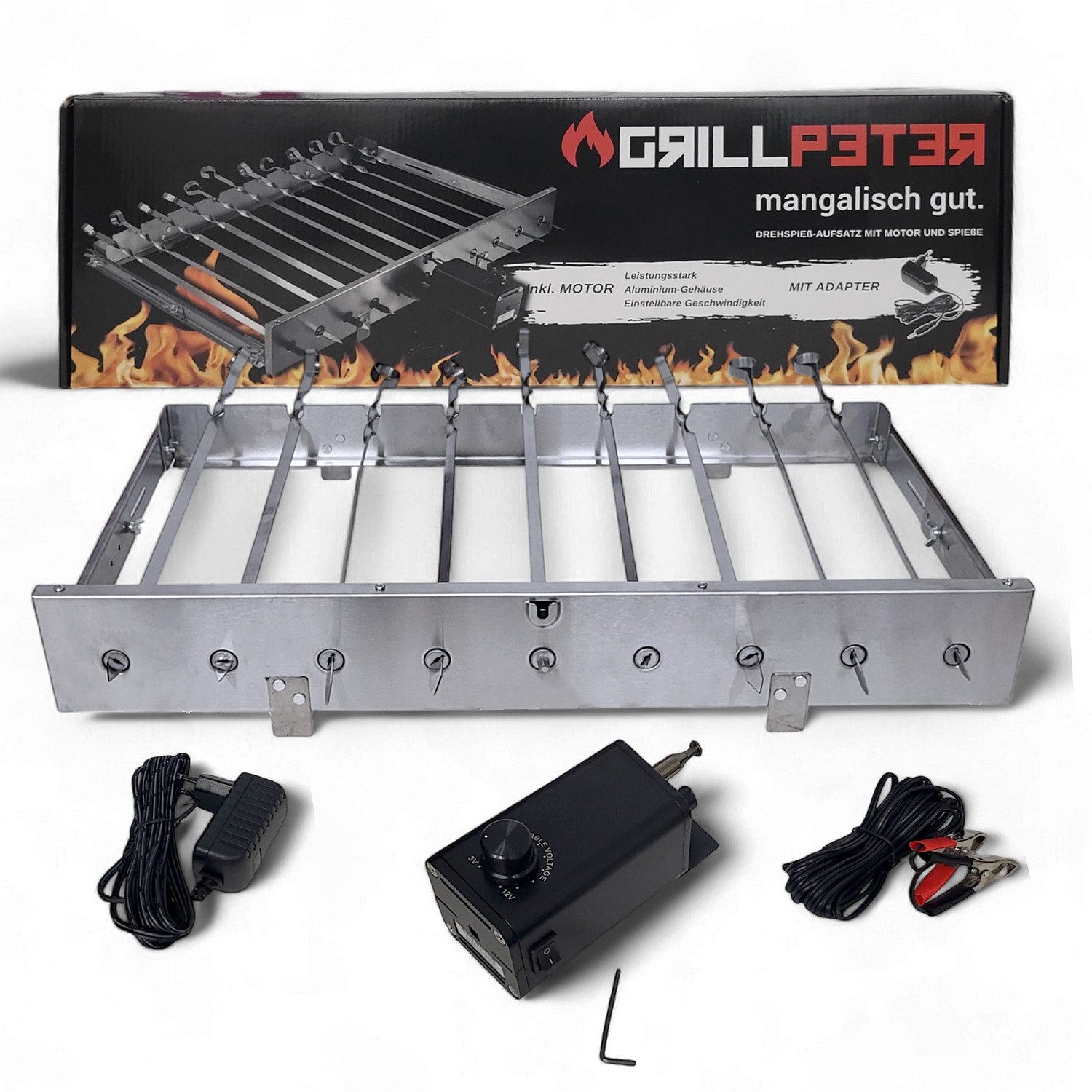 Grillpeter Drehspieß Mangal Drehspießaufsatz für 9 Spieße Elektromotor Spieße