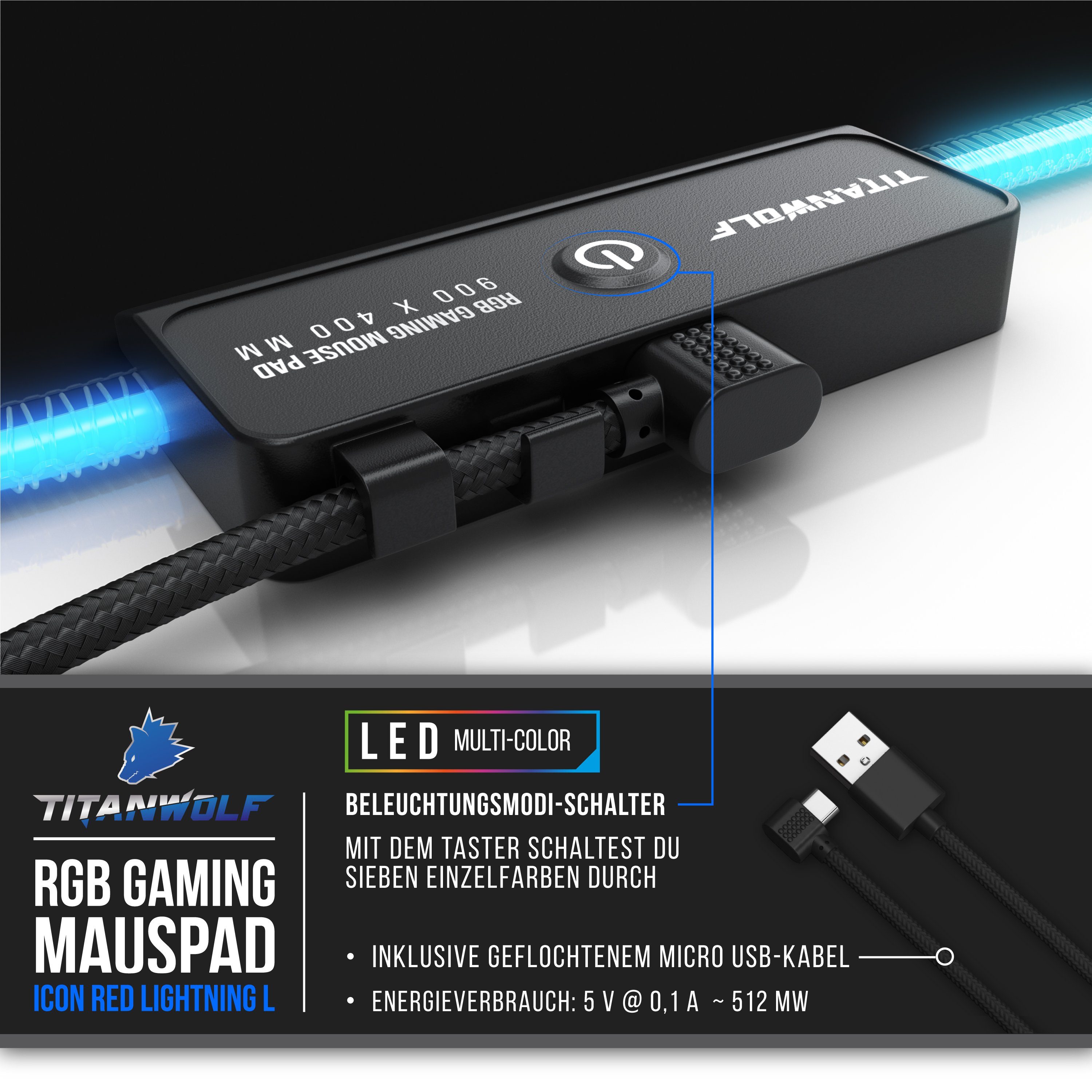 Titanwolf Gaming Mauspad RGB Mousepad 900 x 400 x 3 mm, LED, XXL Schreibtischunterlage (1-St), rutschfest, abwaschbar, Geschwindigkeit & Präzision, Icon rot – Bild 5 von 5