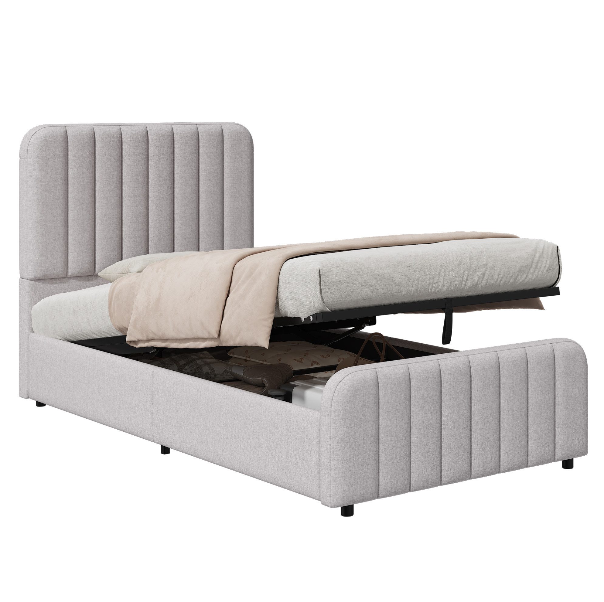 MODFU Polsterbett Komfort-Kinderbett – 90×200 cm mit Stauraum & Kopfteil (Packung, Grau, hydraulischer Stauraum, ohne Matratze, für ruhigen Schlaf), Leinenbezug, abgerundetes Design, weiche Polsterung