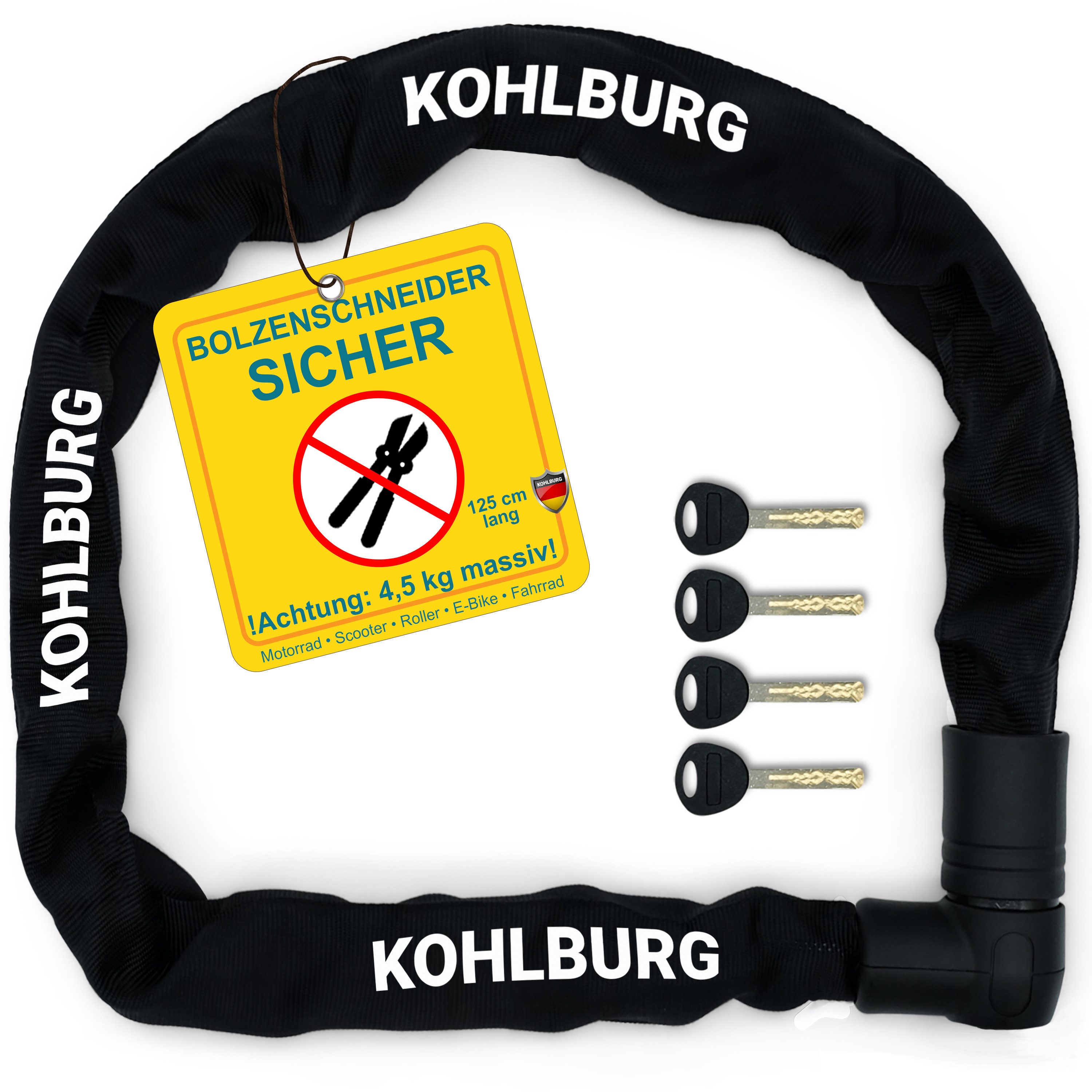 KOHLBURG Kettenschloss Motorradschloss [Anti-Bolzenschneider] Fahrradschloss hohe Sicherheit, 125 cm lang • 4,5 kg • Schloss für Motorrad Scooter E Bike & Fahrrad