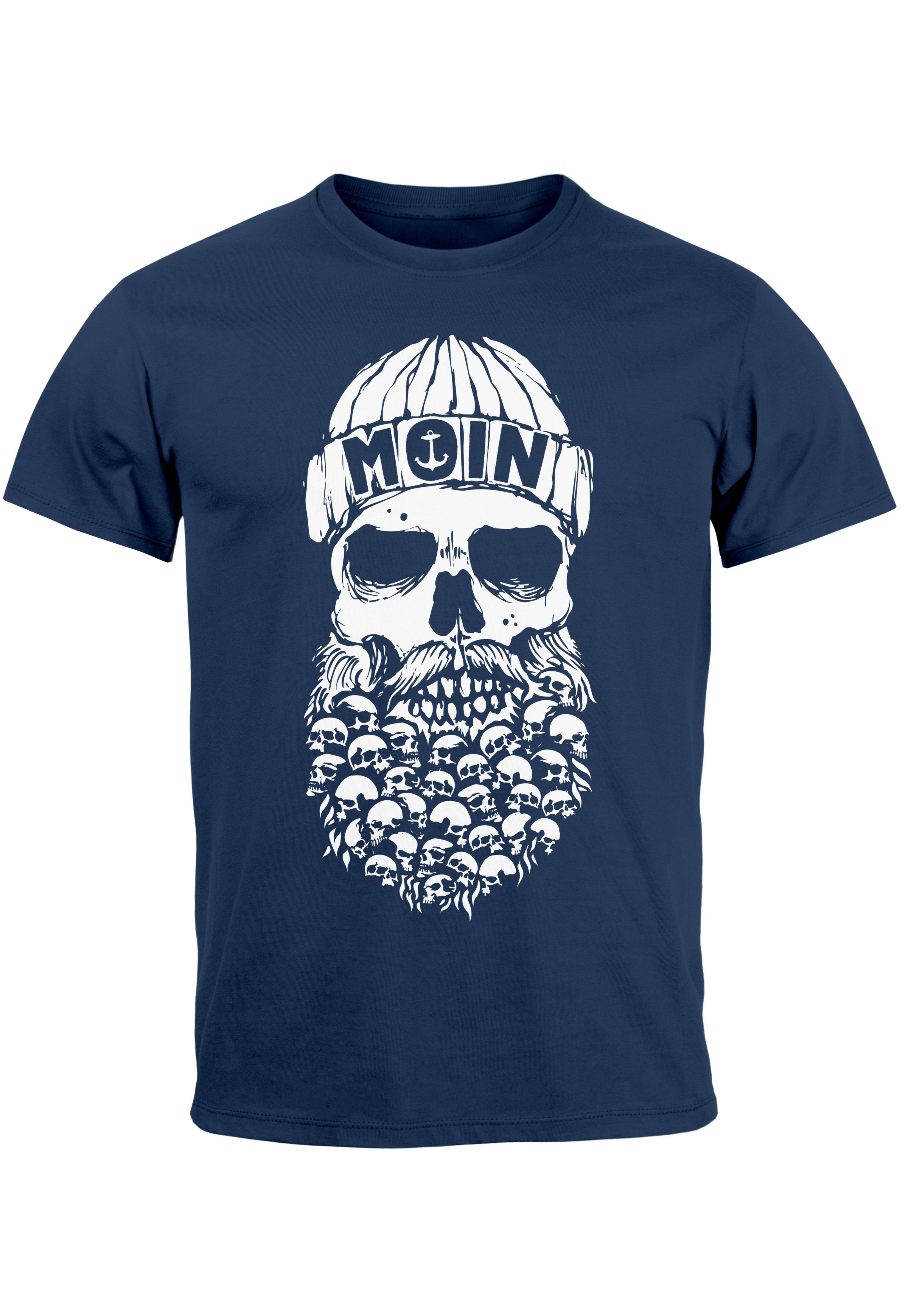 Neverless Print-Shirt Herren T-Shirt Totenkopf Nordisch Moin Hamburg Dialekt Skull Anker Fas mit Print navy