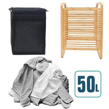 DuneDesign Wäschesack 50L Wäschekorb Bambus mit Deckel und Wäschesack, 40x36x57 Holz Wäschesammler