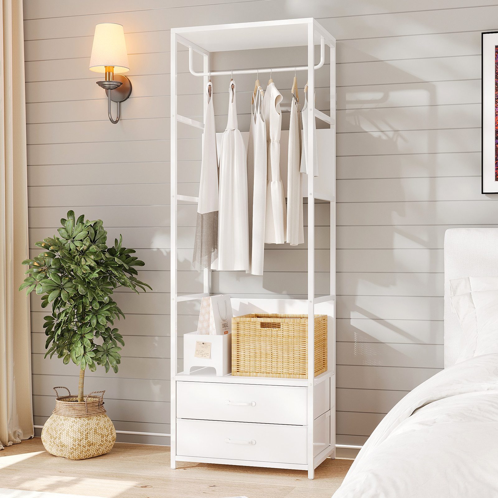 VOWNER Garderobenständer mit Sitzbank, Schublade & Kleiderstange, schmaler Flurgarderobe, (1 St), moderner Kleiderständer mit 2 Schubladen & stabiles Schuhregal