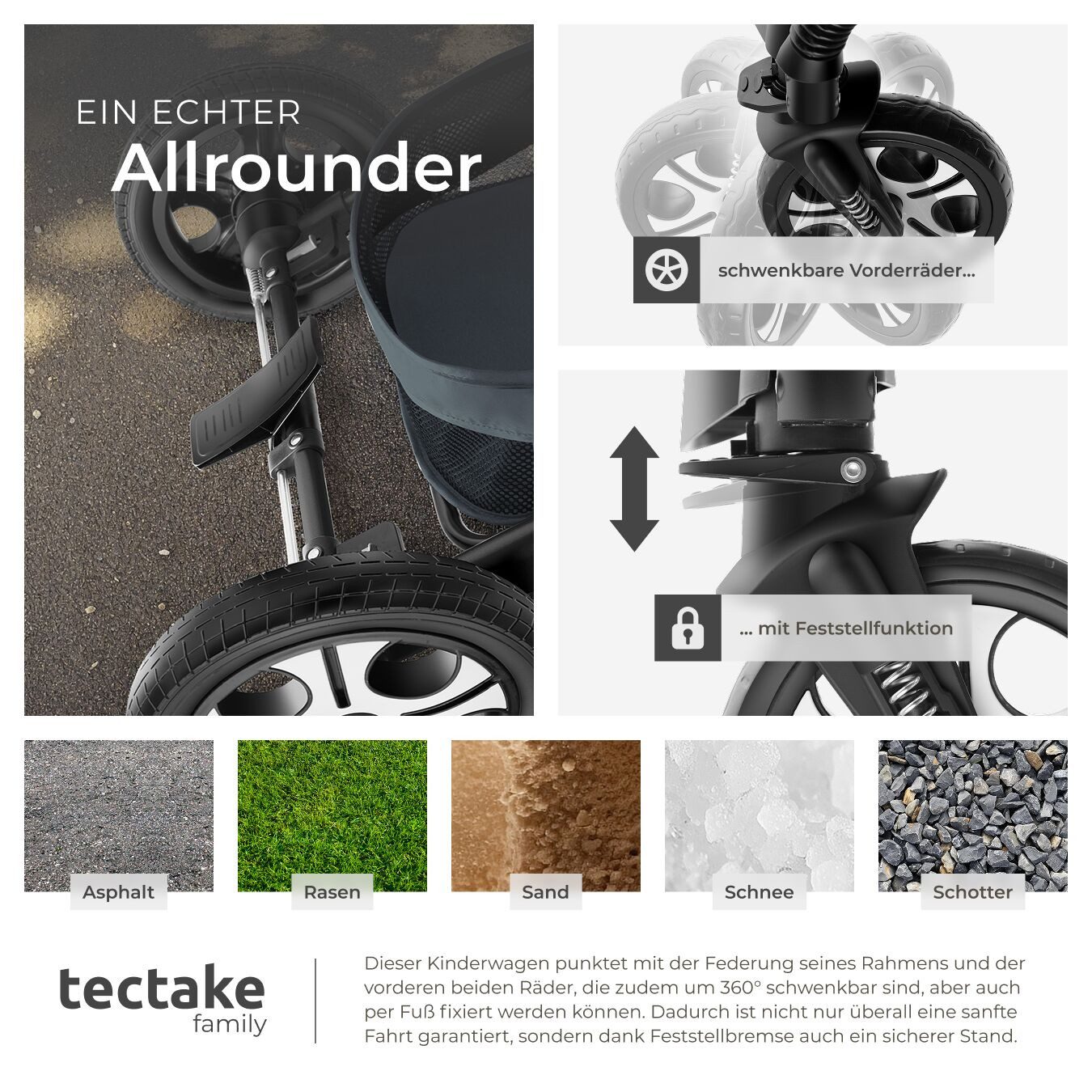 tectake Kombi-Kinderwagen Mats, klappbar, mit 5-Punkt-Gurt, Schutzbügel und Handschlaufe