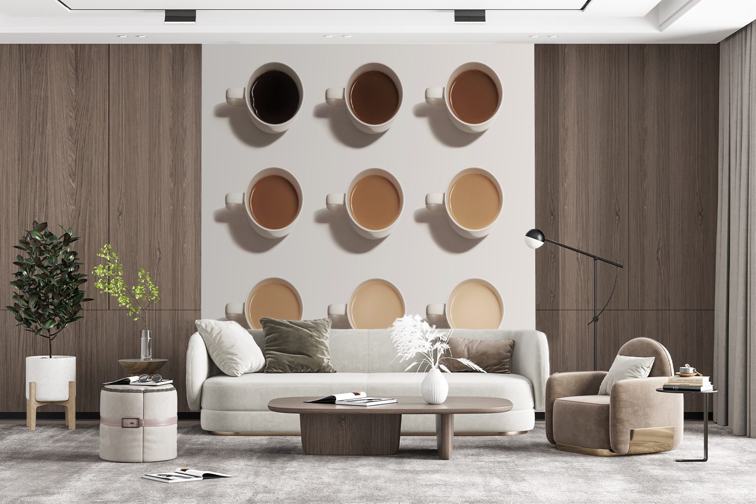 Wohnzimmer, bedruckt, Kaffeesorten einem Verschiedene Montagefertig Wandtapete Fototapete (5 Hintergrund, Matt, weißen für MuchoWow vor Vinyl St), Tapete