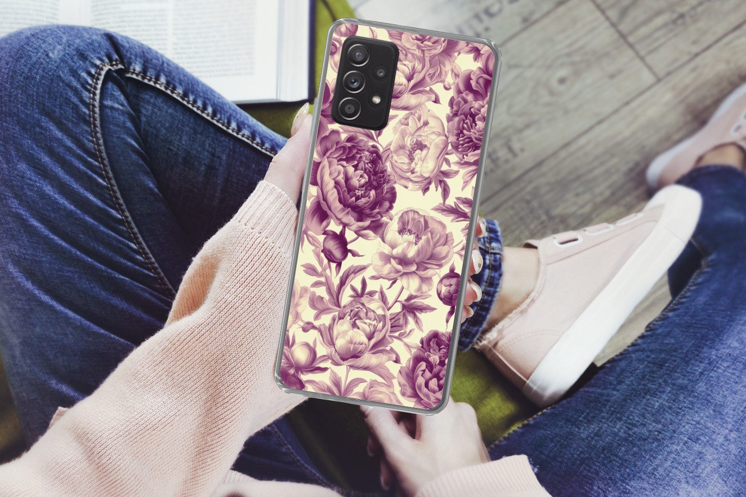 MuchoWow Handyhülle für Samsung Galaxy A53 5G Blumen - Muster - Lila - Beige, Phone Case, Silikon, Schutzhülle Dünn