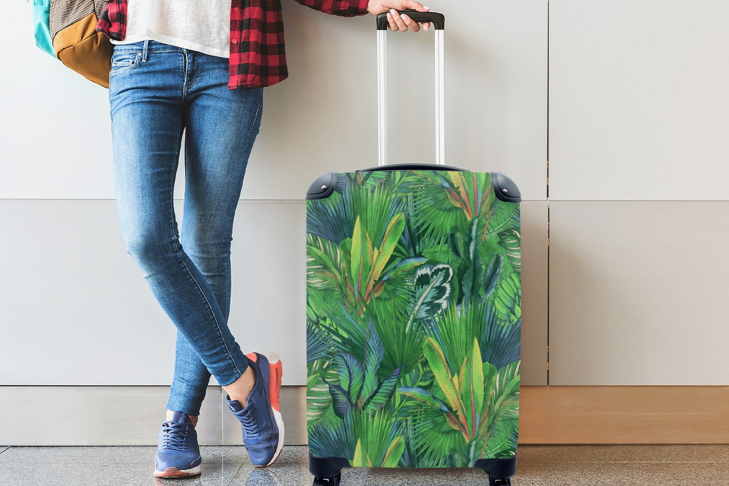 4 Ferien, - - rollen, Tropisch Reisekoffer MuchoWow Trolley, Muster, Blätter Handgepäck Reisetasche für Rollen, mit Handgepäckkoffer