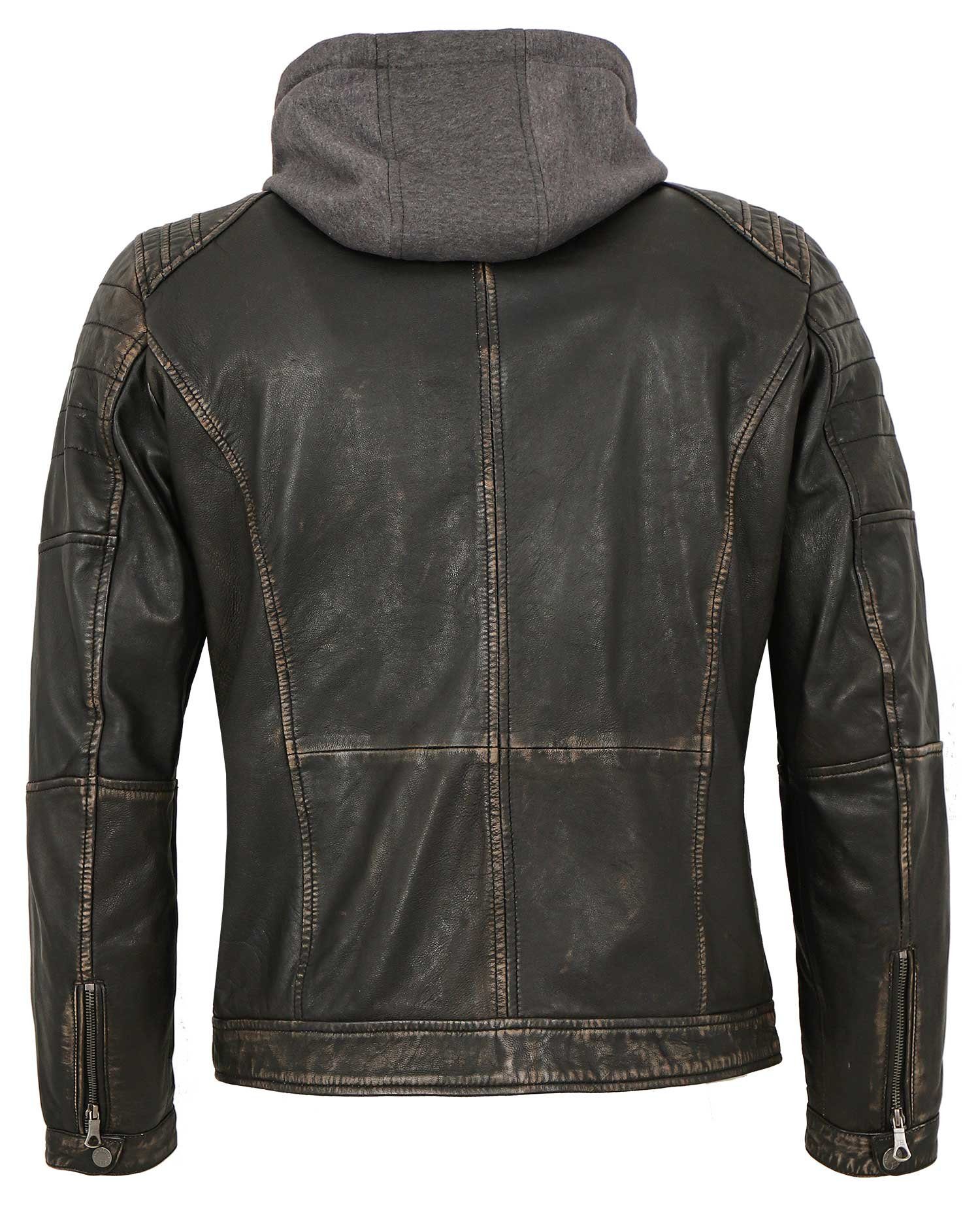 Lederjacken24 Lederjacke Herren Lederjacke Lammnappa Bikerjacke Kapuze schwarz-beige