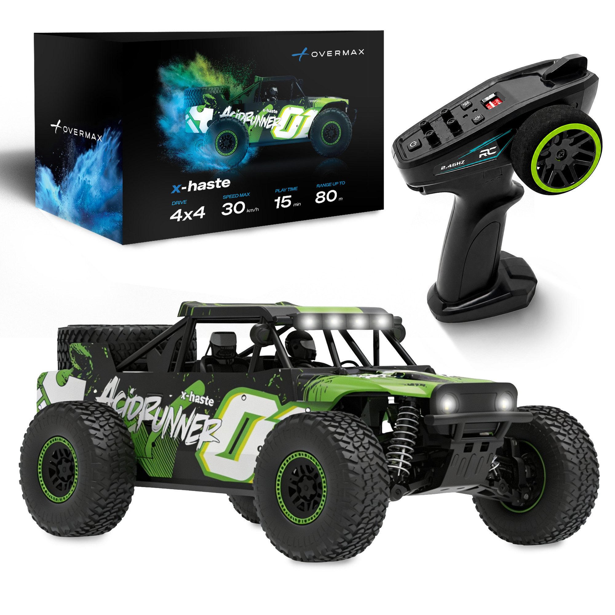 Overmax RC-Auto X-HASTE (Set, RC-Auto mit Akku, Controller, USB-Kabel, Werkzeug und Ersatzteilen), Offroad 4x4/30 km/h/LED-Show/Metallwelle